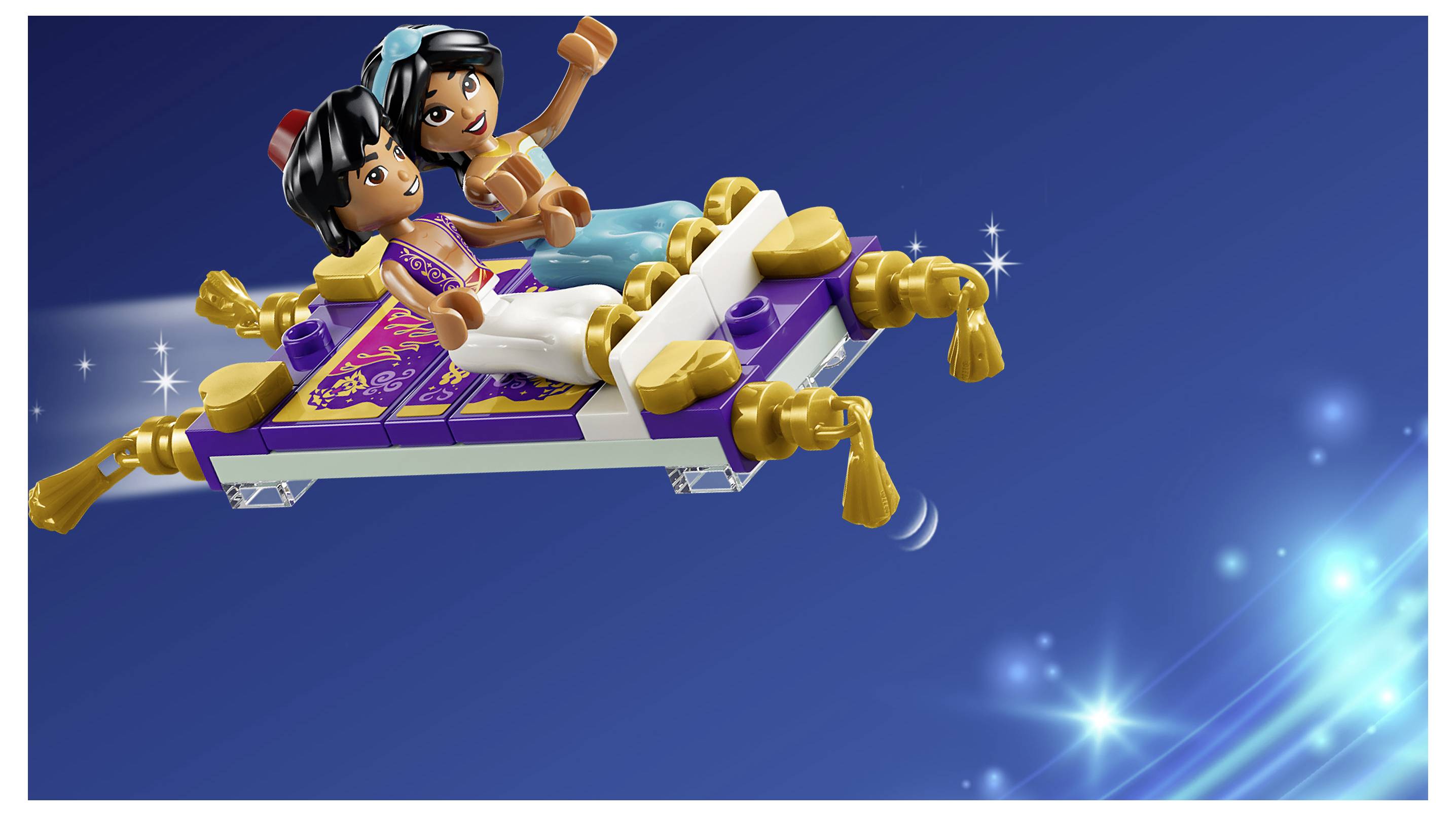 Zwei LEGO-ähnliche Figuren fahren auf einem lila-goldenen fliegenden Teppich vor einem blauen Himmel, mit Funkeln und einem Halbmond darunter.