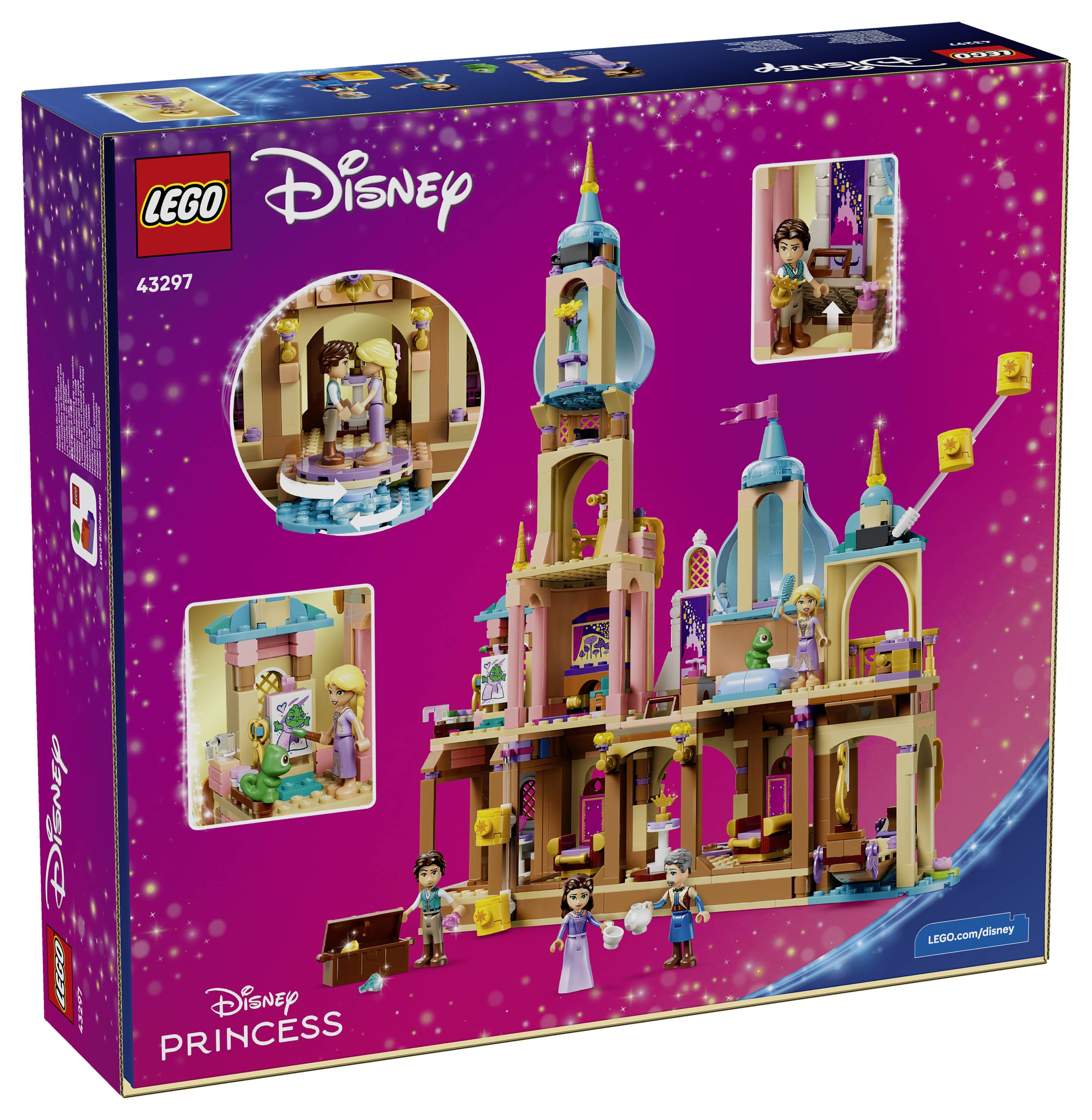 LEGO Disney Prinzessin-Set-Schachtel zeigt ein Fantasy-Palast-Spielset mit Minipuppen-Charakteren und Turmszenen auf einer rosafarbenen Disney-gekennzeichneten Verpackung, Set 43297.
