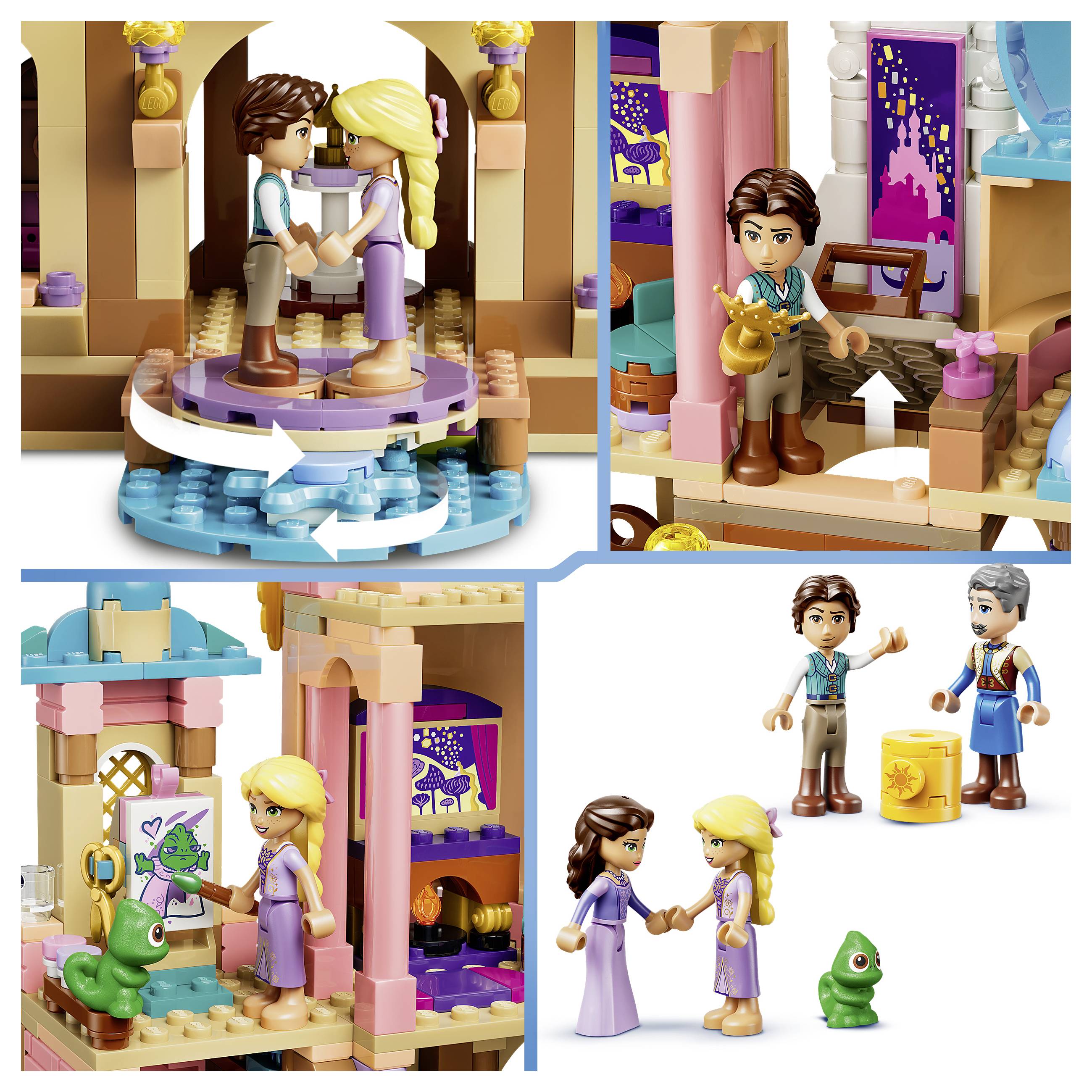 Vier LEGO-ähnliche Szenen zeigen zwei Puppen in einem umwandelbaren Haus mit Zubehör, einschließlich einer rotierenden Plattform, einem Rauminterieur und vier Minifiguren auf weißem Hintergrund.