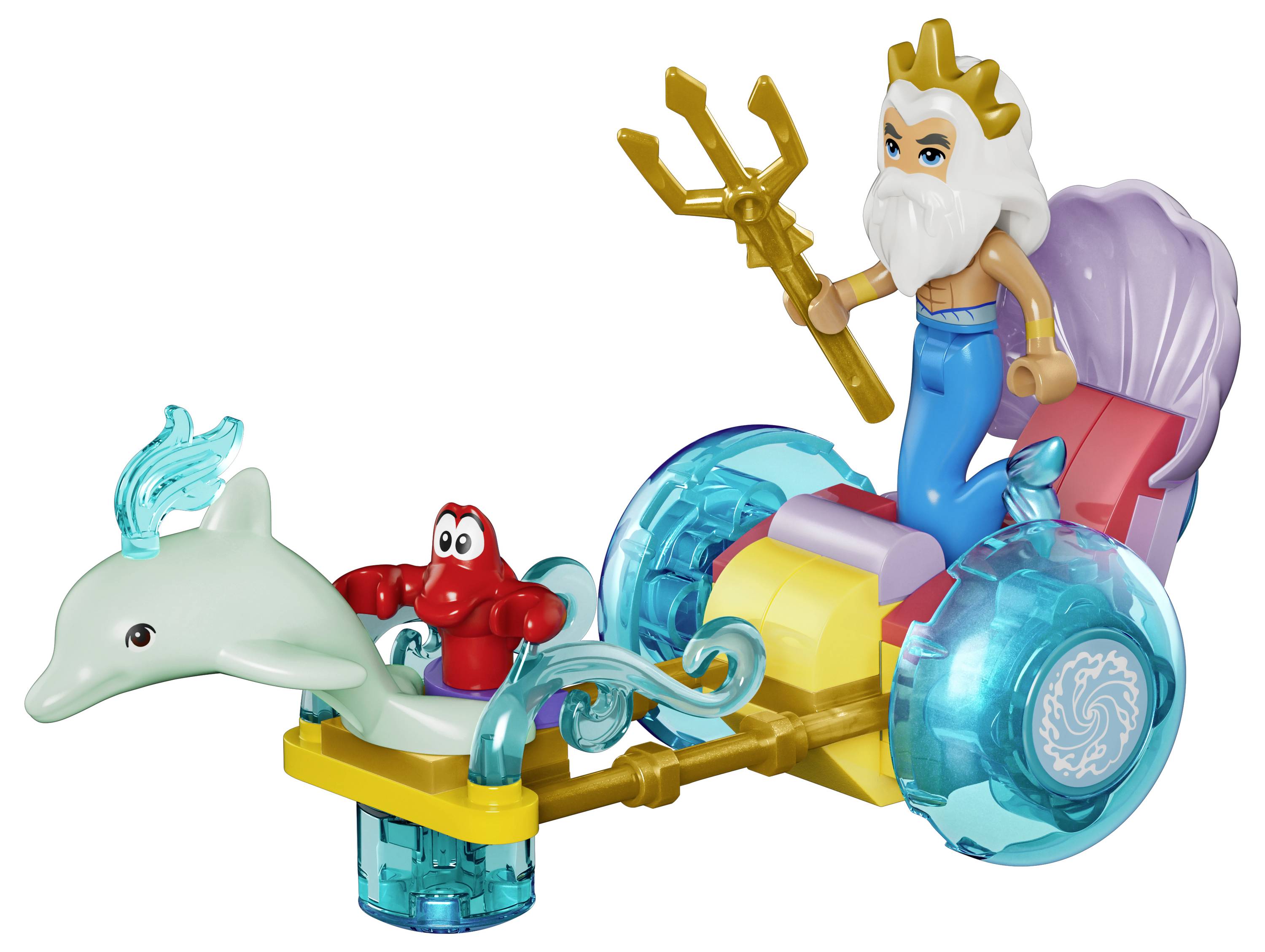 Spielzeug-Seewagen mit einem Meerkönig, der einen goldenen Dreizack hält, der hinter einem Delfin und einer roten Krabbe auf einem blau-gelben Fahrzeug reitet.