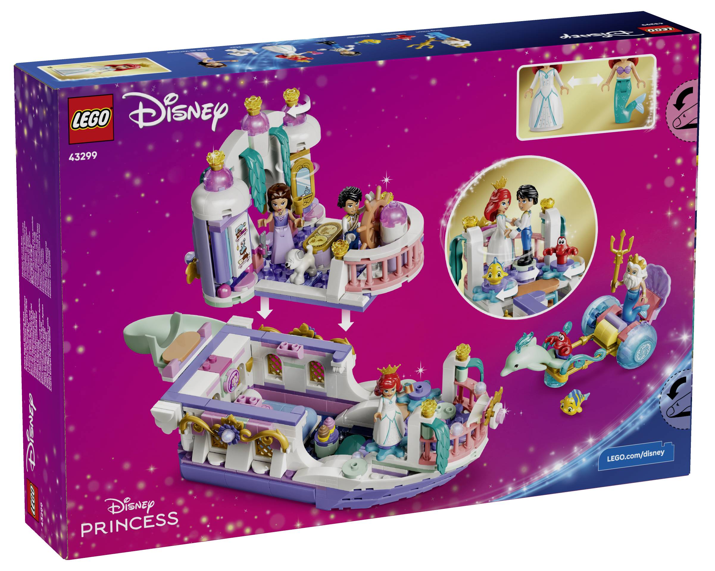 LEGO Disney Princess Spielzeugbox, die ein violettes, prinzessinnenthematisches Spielset mit Minipuppen-Figuren, einem Boot, einer Kutsche und Zubehör zeigt; enthält Disney Princess Branding und Set-Nummer 43299.