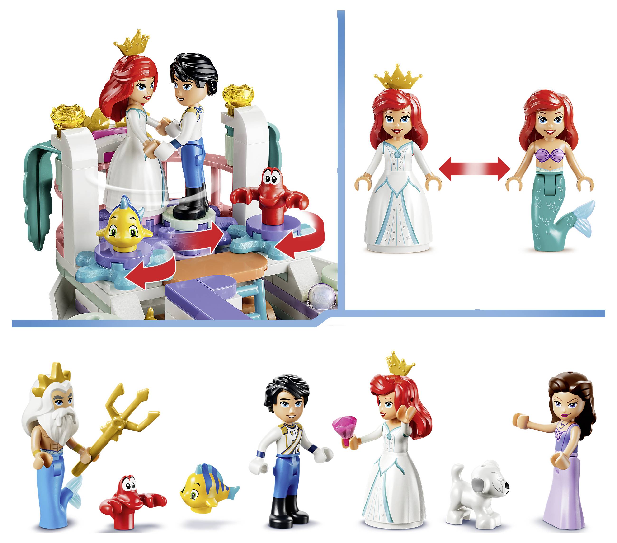 Disney Prinzessin LEGO-Set mit Ariel, Prinz Eric und anderen Charakteren auf einer drehbaren Spielplattform; beinhaltet austauschbare Ariel-Figur in Kleid- oder Meerjungfrauenform und mehrere Minifiguren.