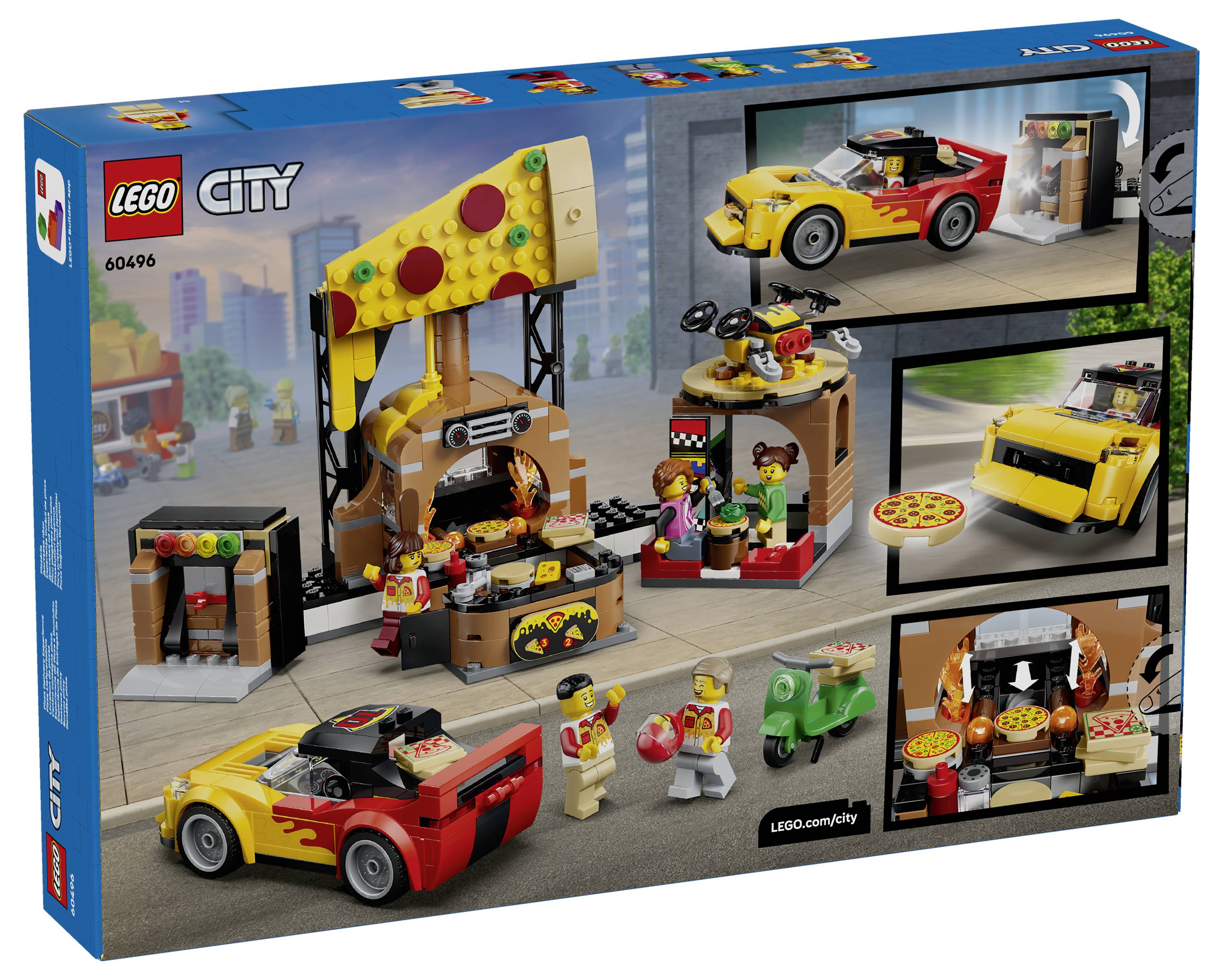 LEGO City Pizza-Lieferplayset-Box mit einem Pizzaauto, Ofen, Minifiguren, Roller und drei Aktionsszenen-Panels.
