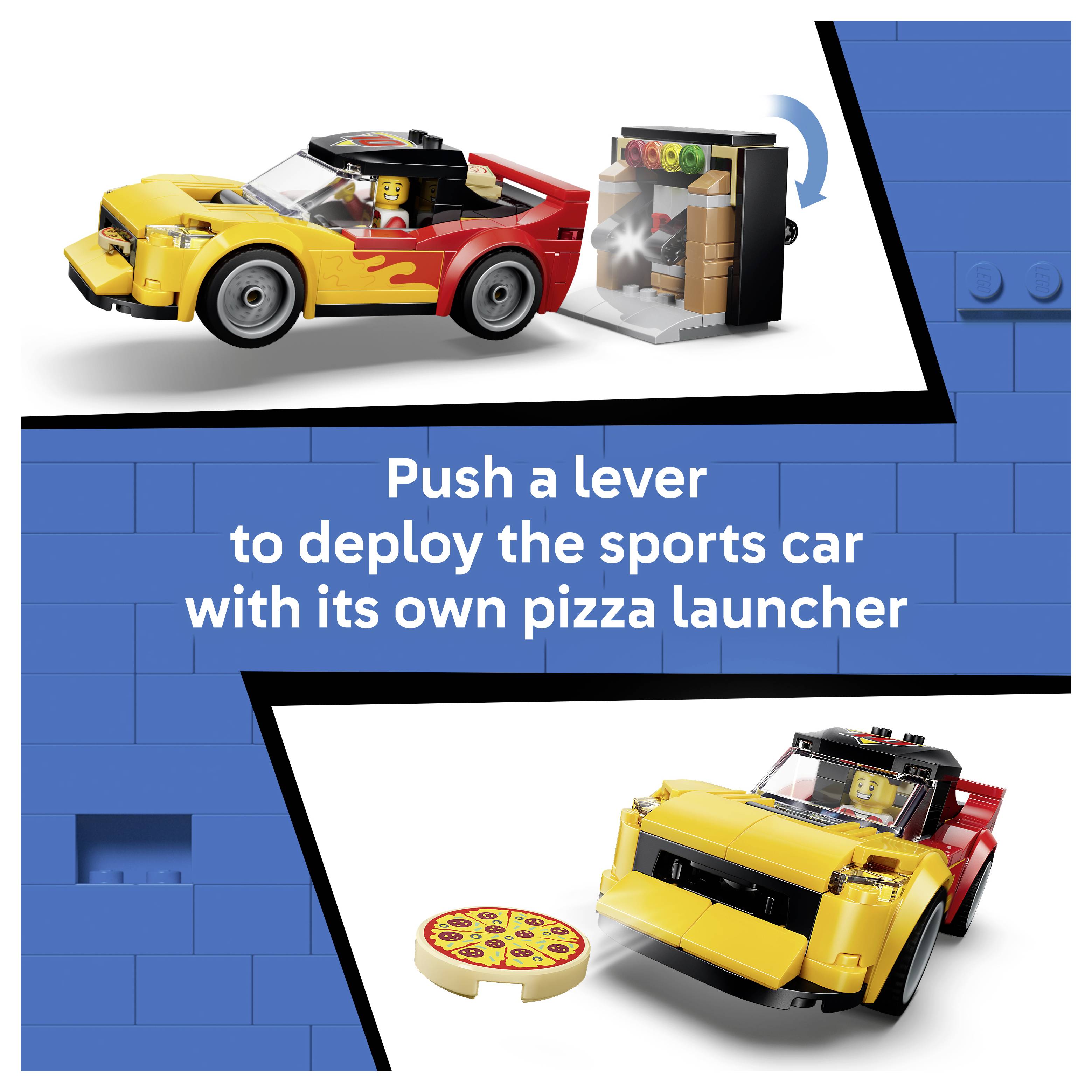 Lego Sportwagen mit eingebautem Pizzawerfer; der Text besagt „Drücke einen Hebel, um den Sportwagen mit seinem eigenen Pizzawerfer zu starten