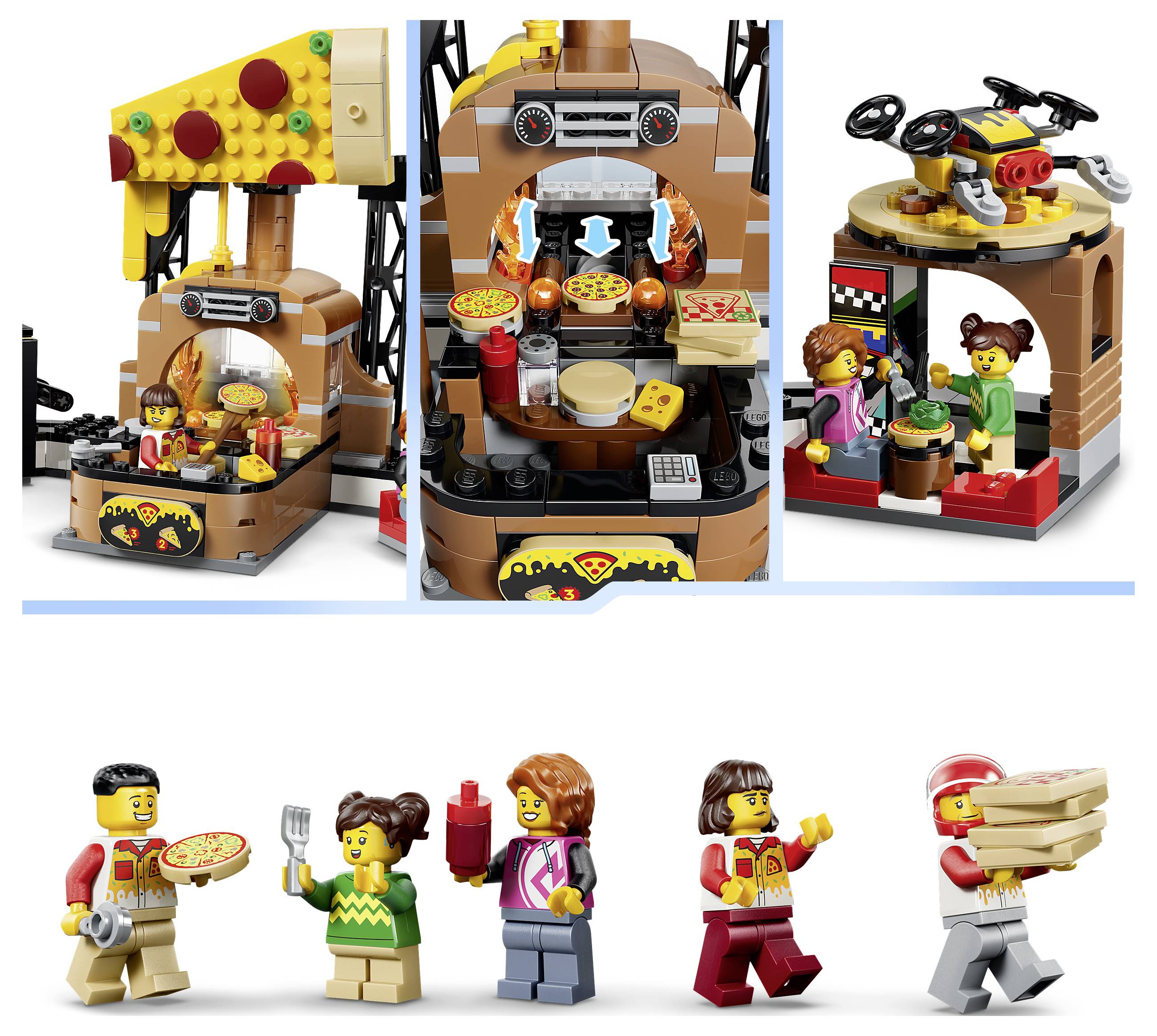 LEGO Pizzeria-Spielset mit einem Lastwagen/Stand und Minifiguren, von drei Blickwinkeln von oben und einzelnen Charakteren unten gezeigt.