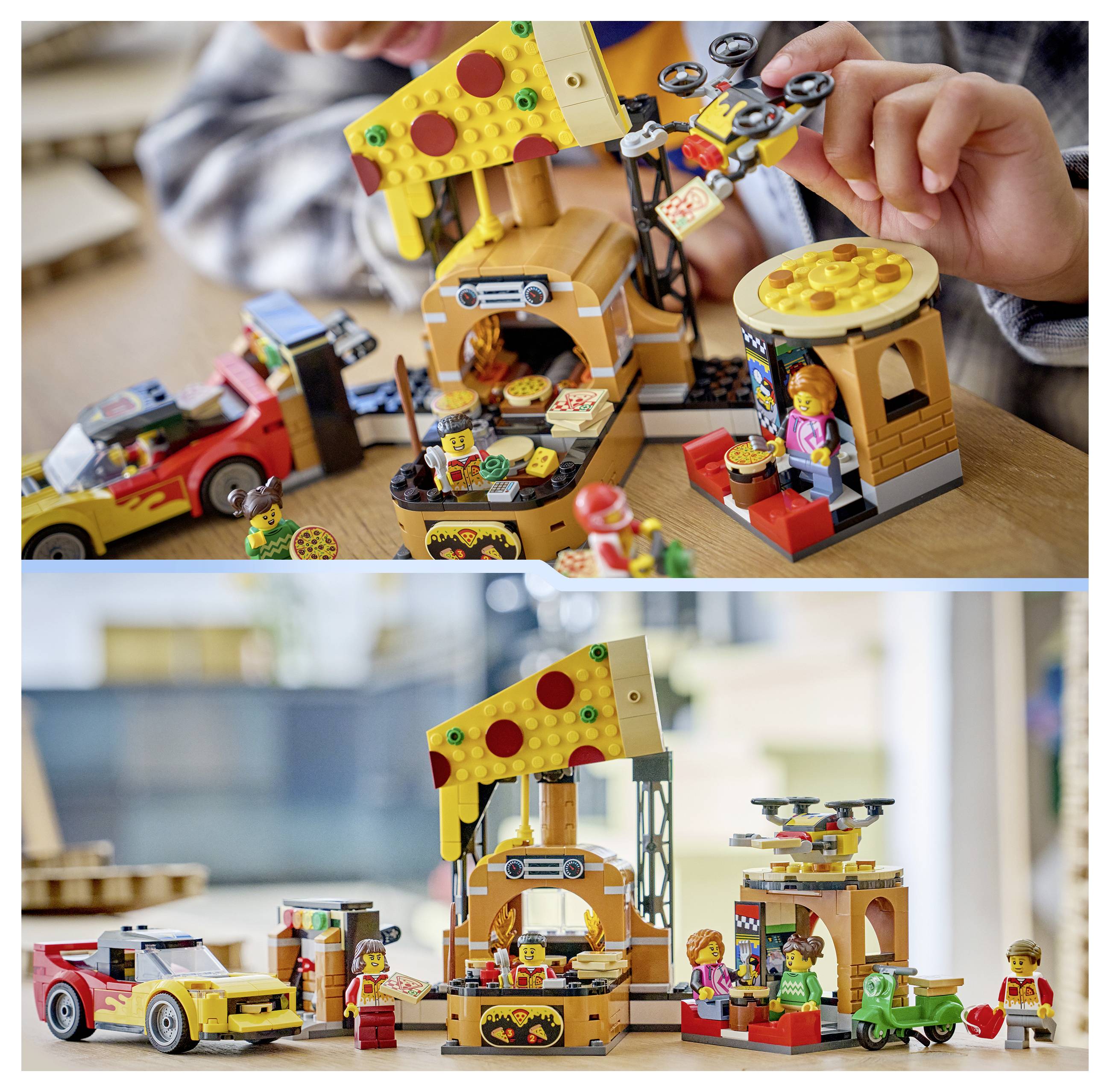 Zweibild-Grafik eines Kindes, das mit einem LEGO-Pizzastand- und Auto-Set spielt, mit Ansicht der zusammengebauten Spielzeugszene und einer Nahaufnahme von Händen, die Teile anordnen.