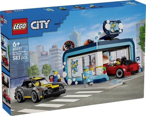 60497 LEGO® CITY Waschstraße mit 2 Spielzeugautos, drehenden Bürsten, Wasserpellets und Staubsaugerstation