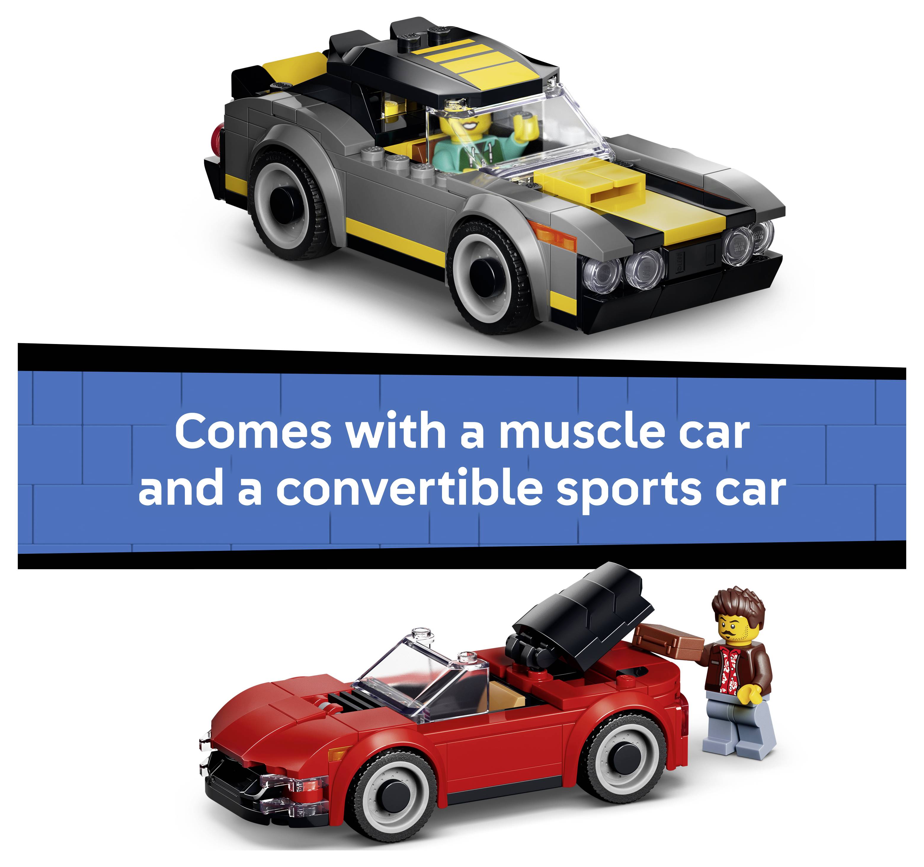LEGO-Anzeige mit einem schwarzen Sportwagen und einem roten Cabrio mit einer Minifigur; der Text besagt „Enthält einen Muscle Car und einen Cabrio-Sportwagen