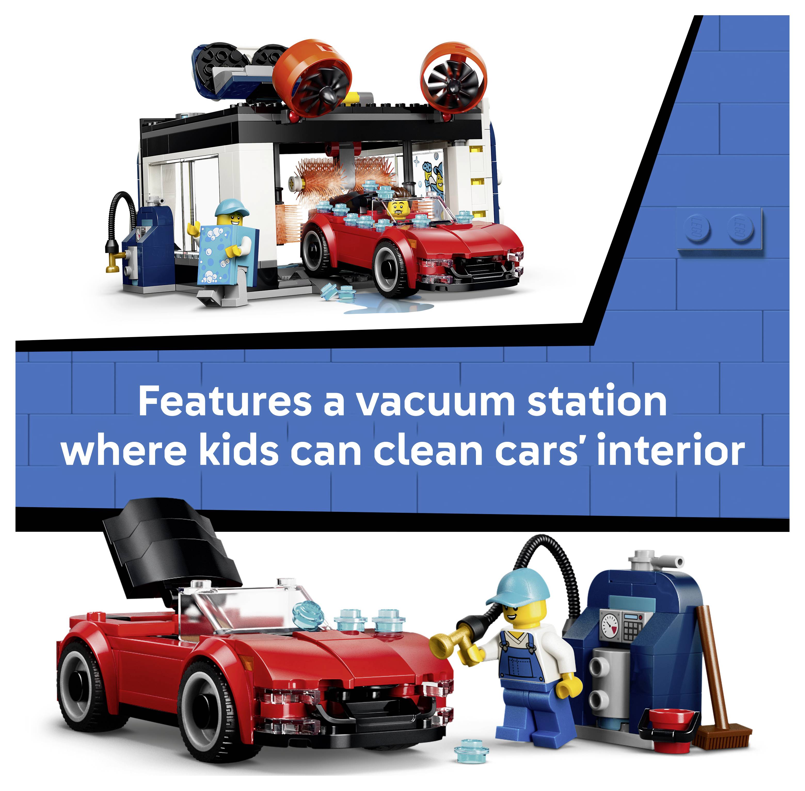LEGO-Autowäsche-Set mit einem roten Cabrio, einer Absauganlage und einer Arbeiter-Minifigur; der Text besagt „Verfügt über eine Absauganlage, in der Kinder das Innere von Autos reinigen können