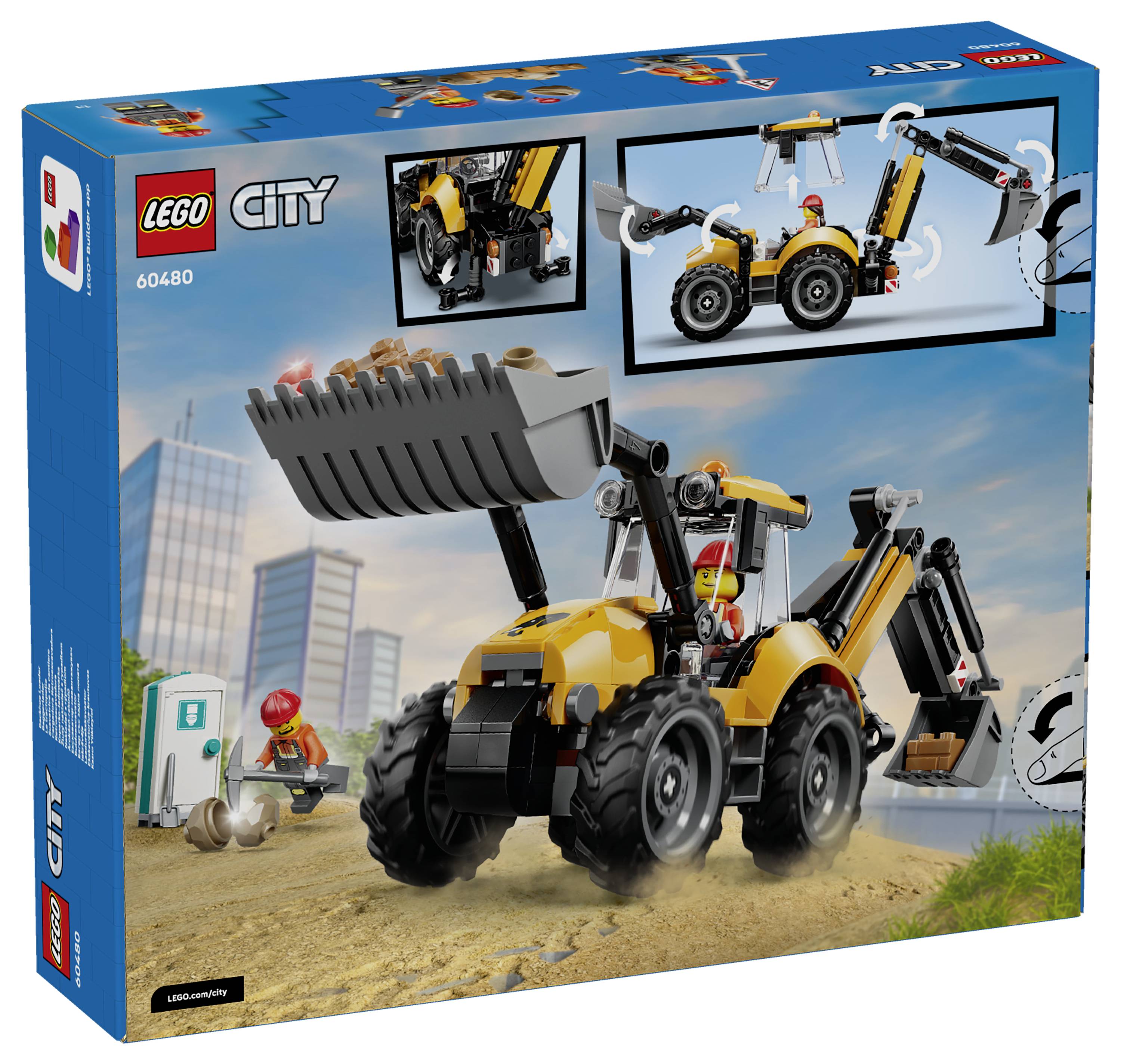 LEGO City Schachtel für ein Baggerlader-Spielzeug, das das gelbe Fahrzeug und Minifiguren auf einer Baustelle zeigt.