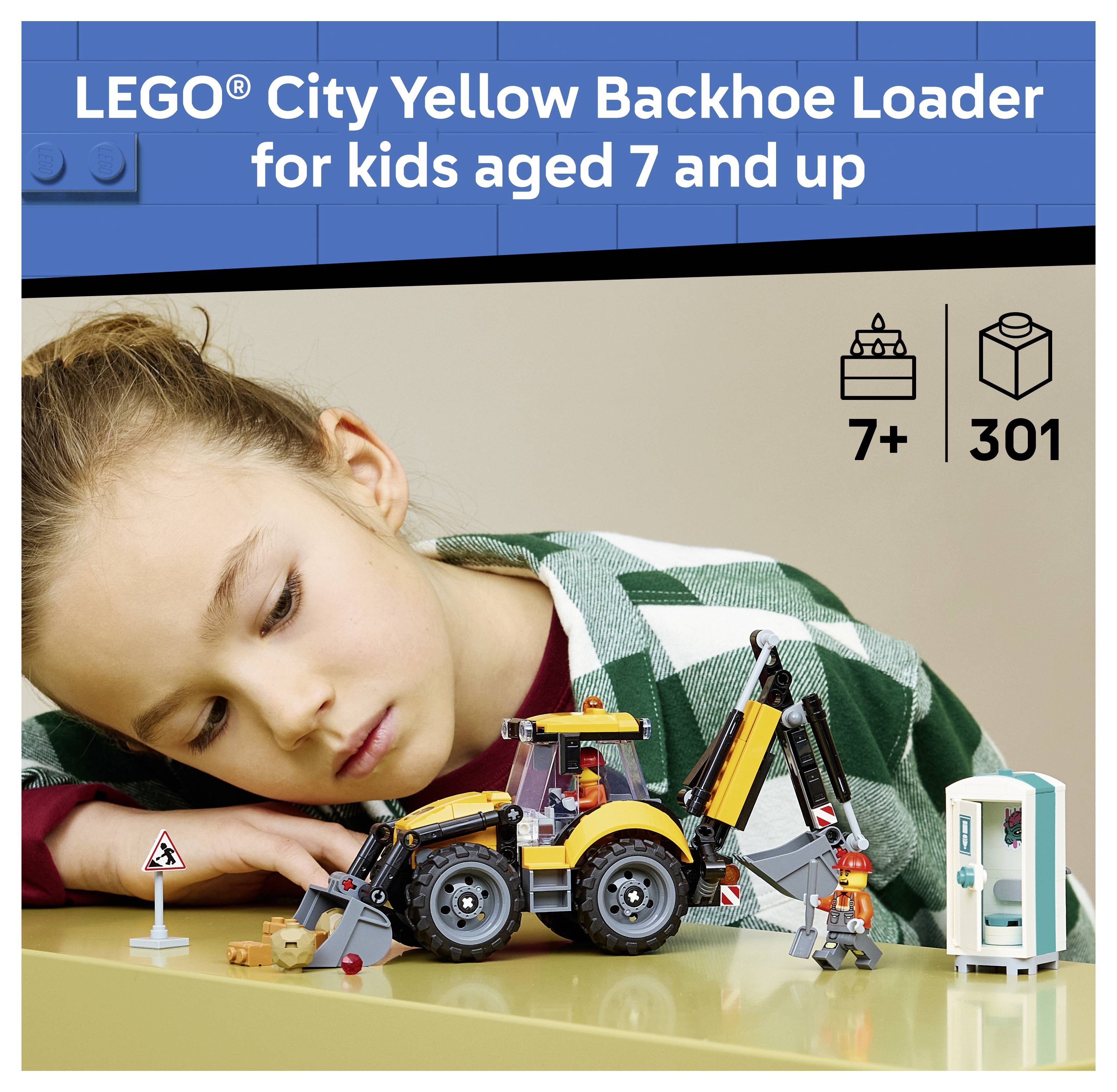 LEGO City Gelber Radlader Baukasten-Schachtelkunstwerk zeigt ein Kind, das mit dem Bagger-Spielzeug spielt; gekennzeichnet mit 7+ und 301 Teilen.