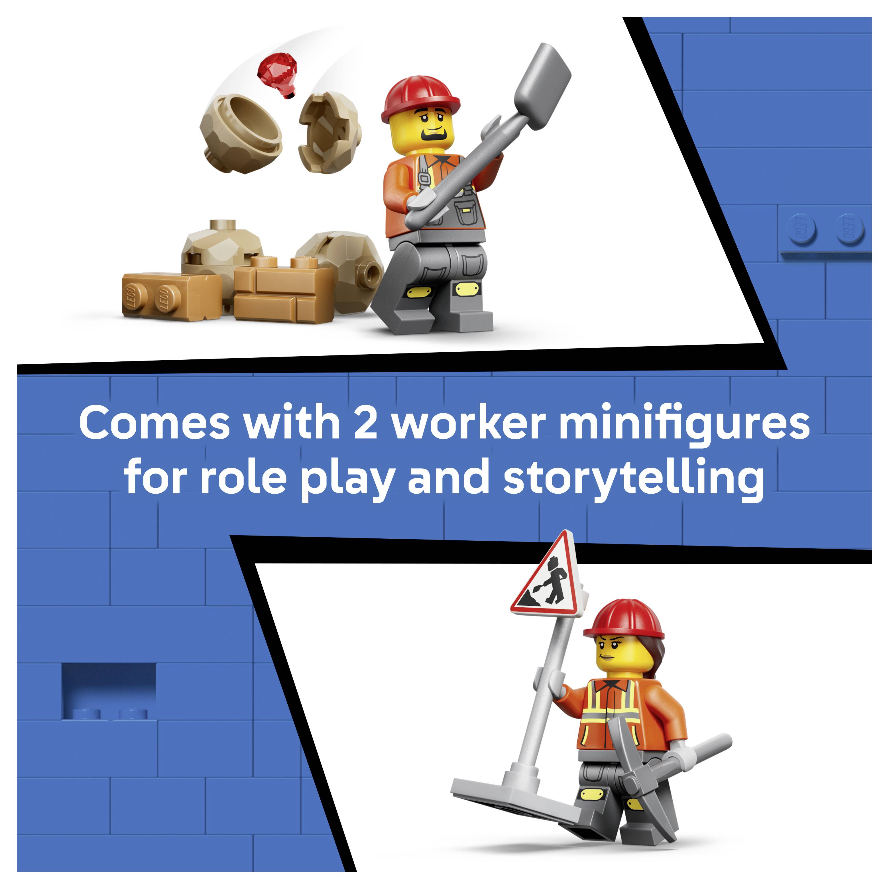 LEGO-Konstruktionsset-Werbung mit zwei Arbeiter-Minifiguren mit Werkzeugen und Trümmern, beschriftet mit „Enthält 2 Arbeiter-Minifiguren zum Rollenspiel und Geschichtenerzählen