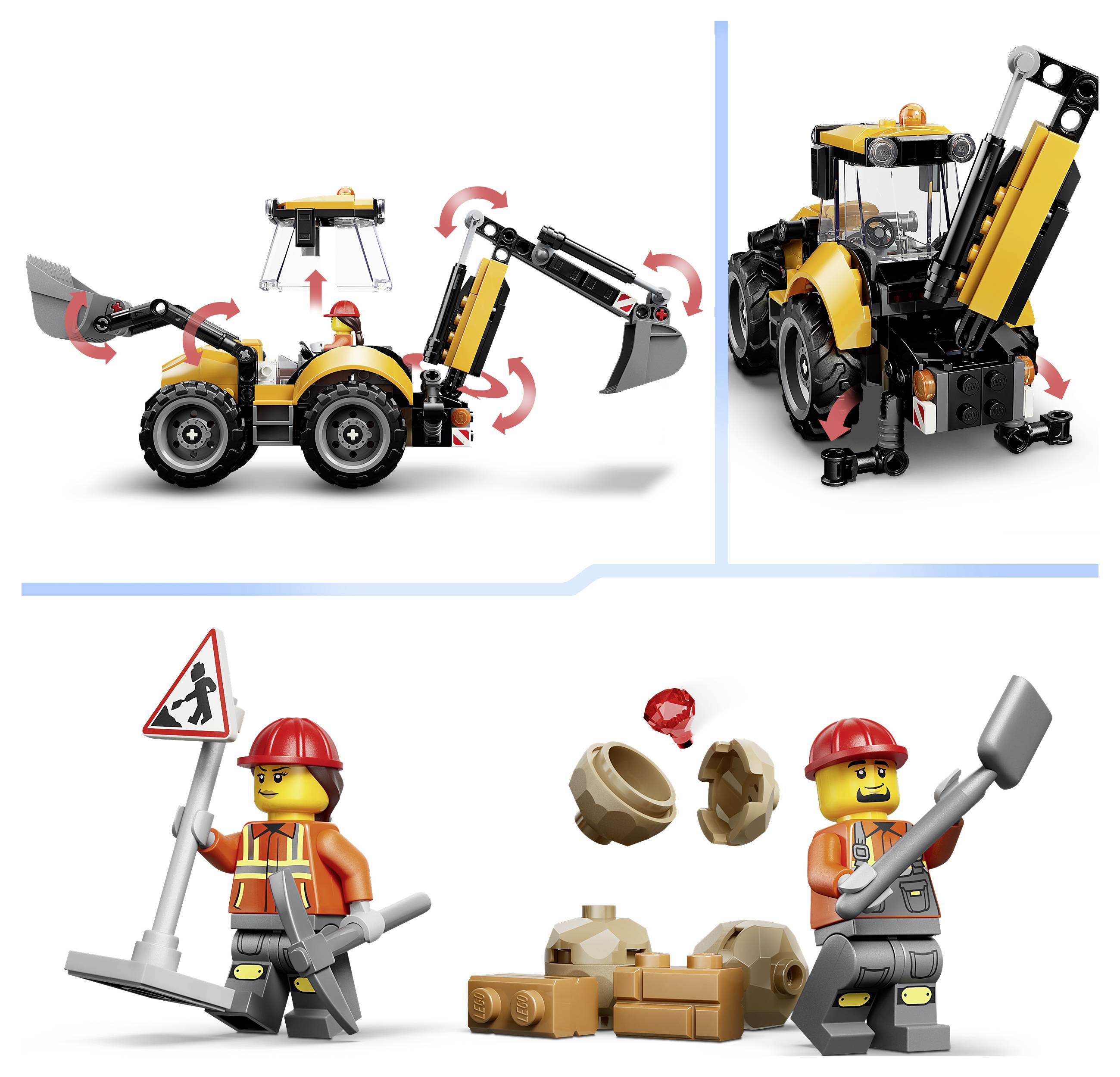 LEGO-ähnlicher Baggerlader, der in mehreren Positionen dargestellt ist, mit beweglichem Schaufel und Arm, sowie zwei Bauarbeiter-Minifiguren, die Werkzeuge und Schutt handhaben.