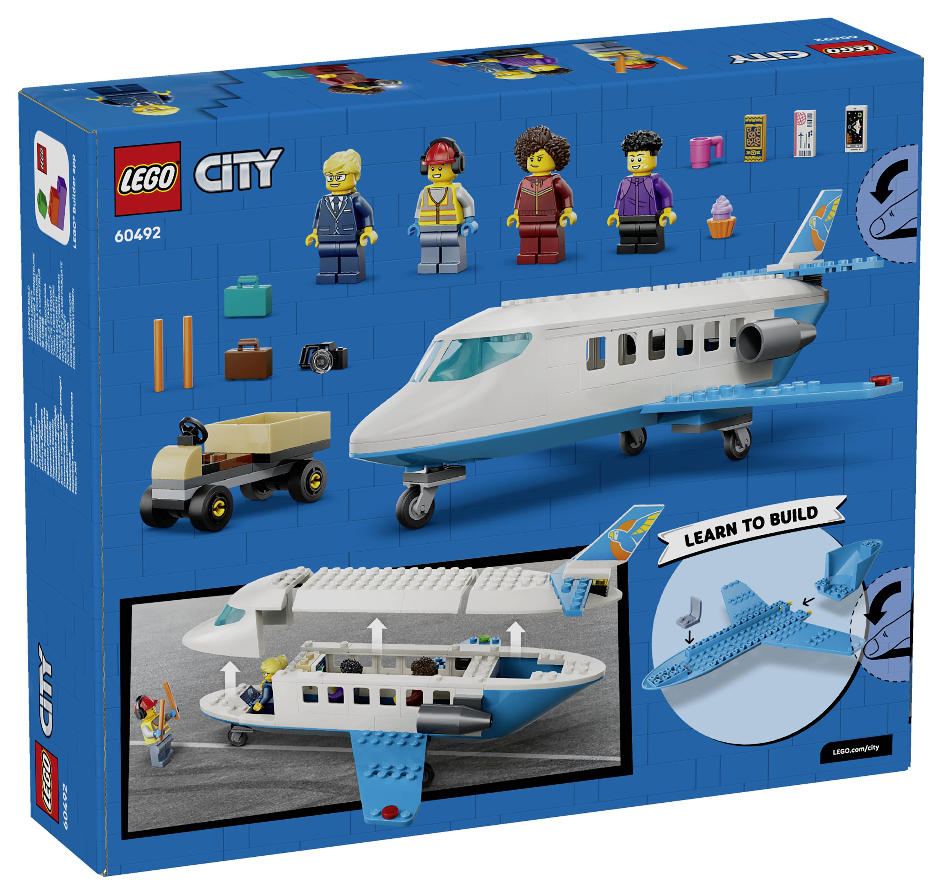 LEGO City Flughafen Passagierflugzeug-Set Box mit einem weißen Düsenflugzeug, einem Gepäckwagen und Minifiguren mit einem 