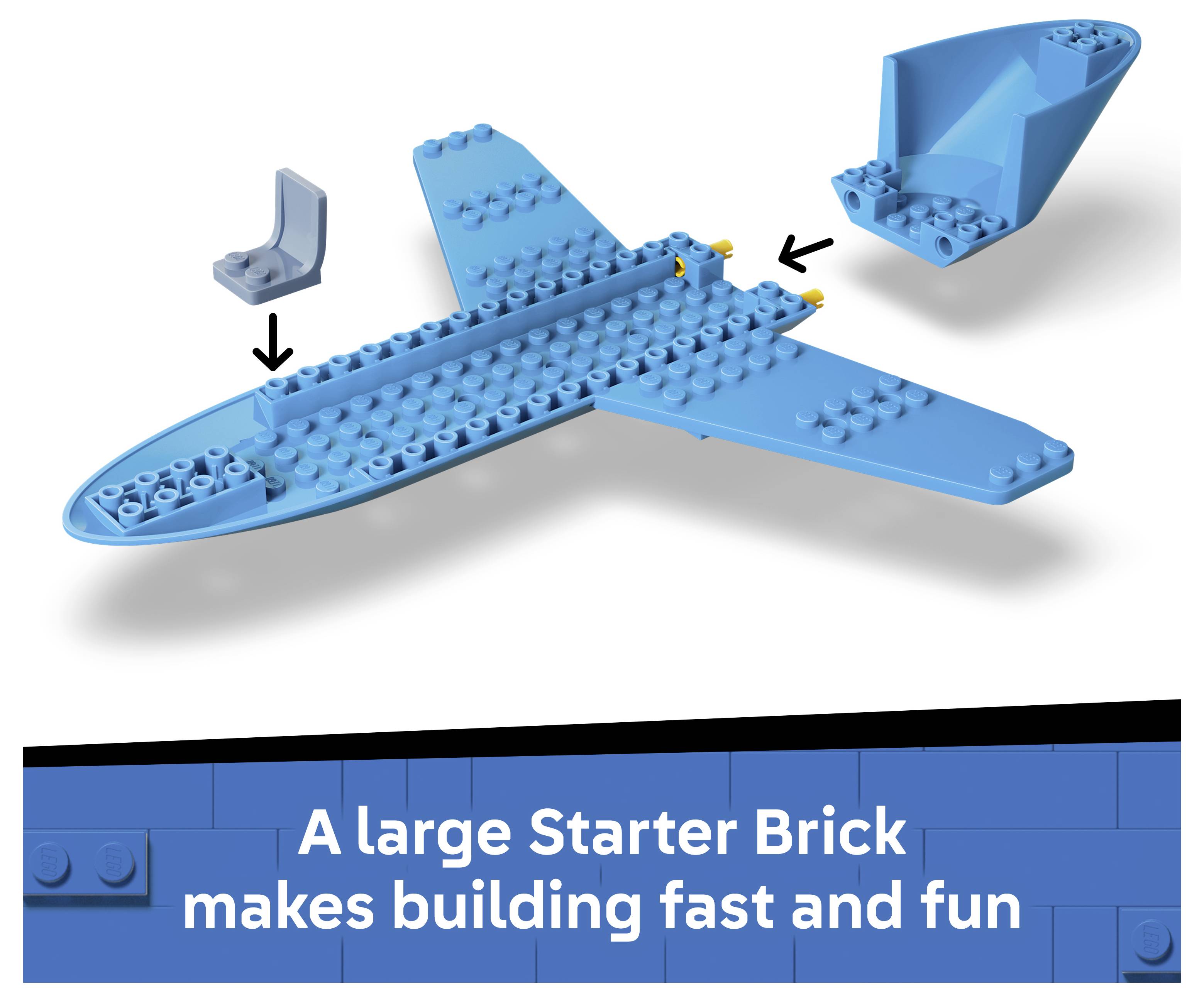Abbildung eines großen blauen Starter-Brick-Flugzeugmodells mit Pfeilen, die zeigen, wie Teile befestigt werden; die Beschriftung lautet „Ein großer Starter-Brick macht das Bauen schnell und macht Spaß
