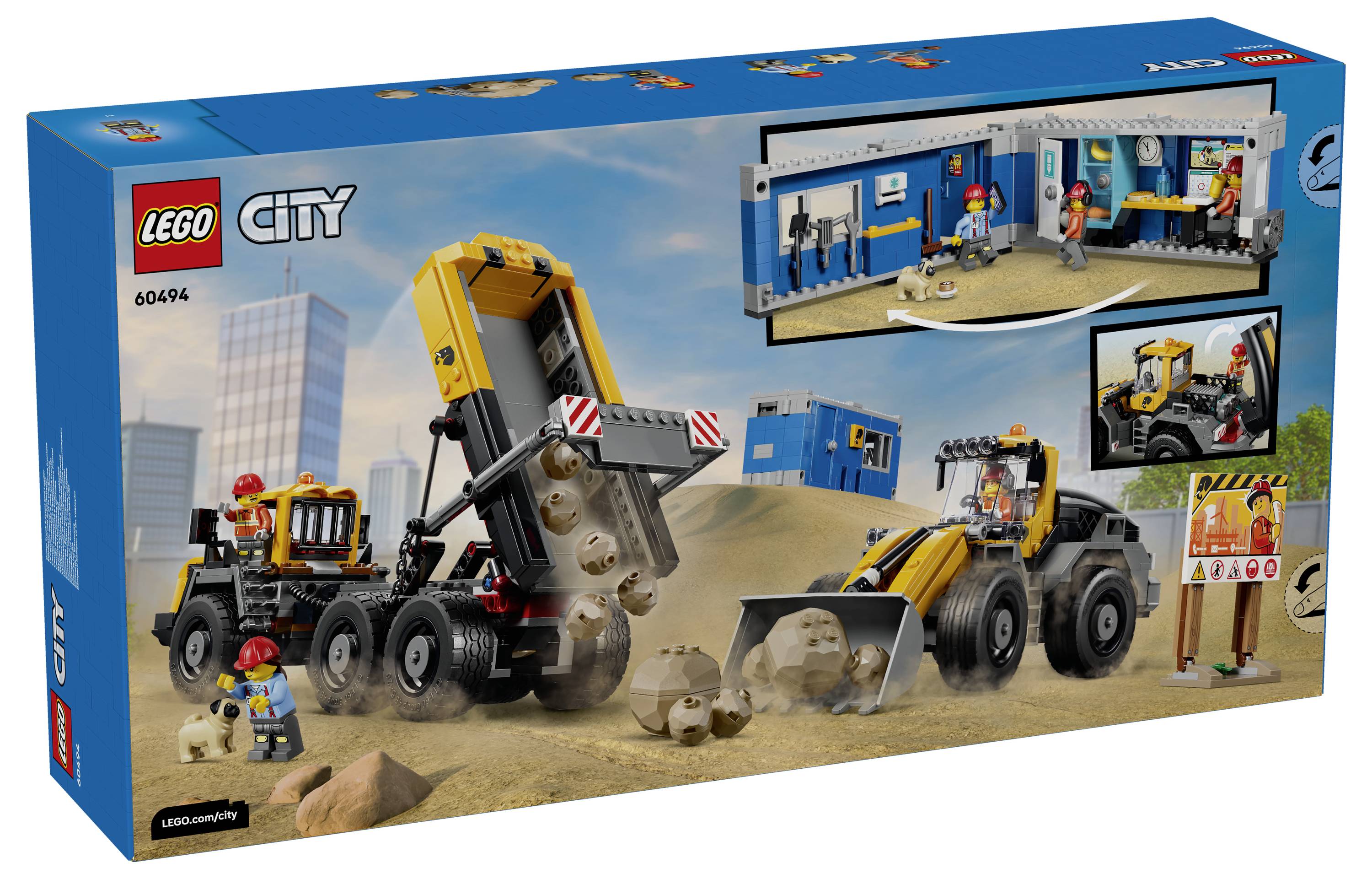 LEGO City Bauset mit zwei Kipplastern, einem Radlader und einem Baustellenanhänger, wobei Minifiguren in einem Sandsteinbruch arbeiten.