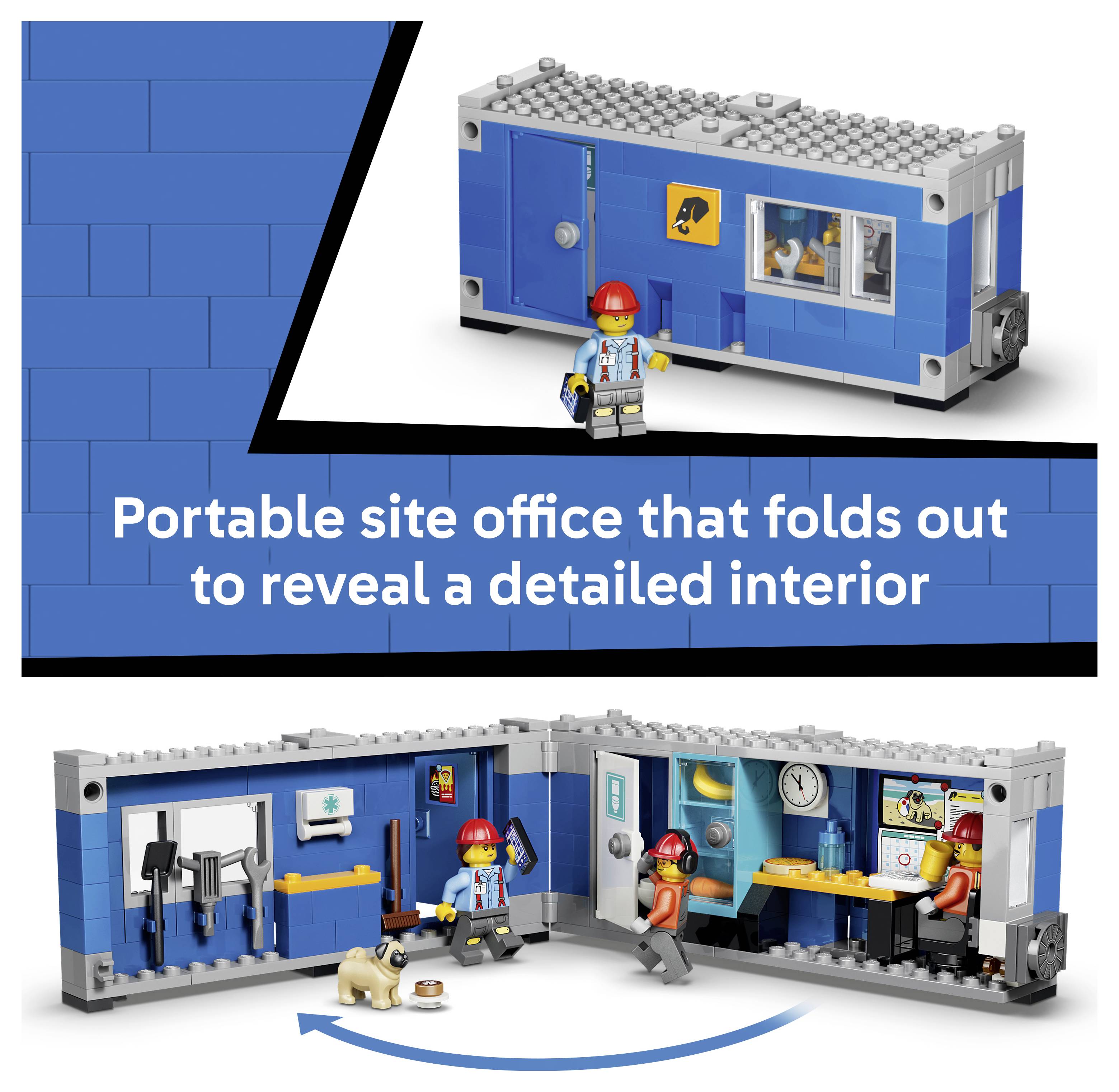 LEGO tragbares Bürogebäude öffnet sich und zeigt das Innere mit Arbeitern, Schreibtisch, Werkzeugen, Hund und detaillierten Räumen.