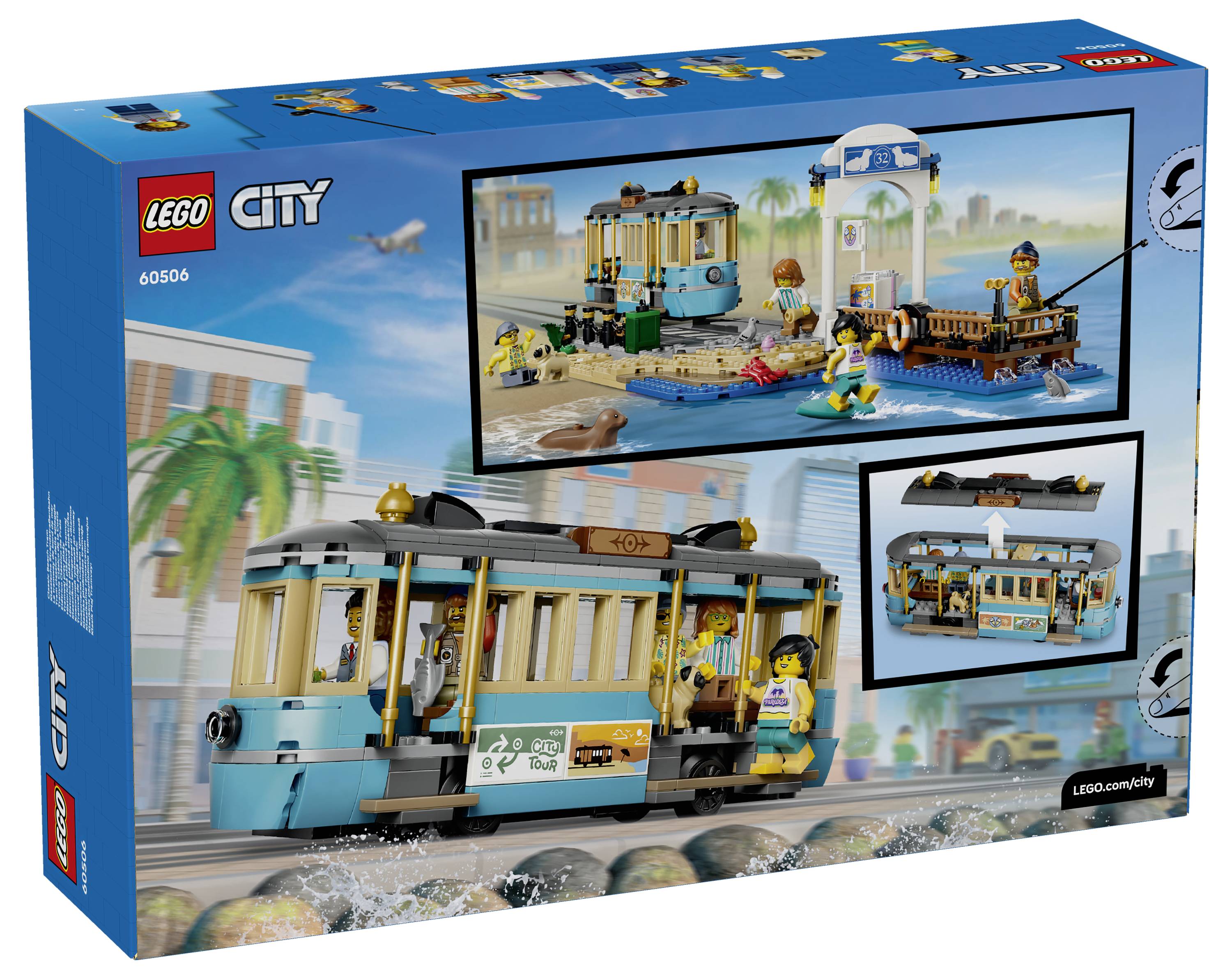 LEGO City Box für ein Straßenbahn-Set, das auf der Verpackungsillustration eine blau-cremefarbene Straßenbahn mit Minifiguren, eine Dockszene und Spielfunktionen zeigt.