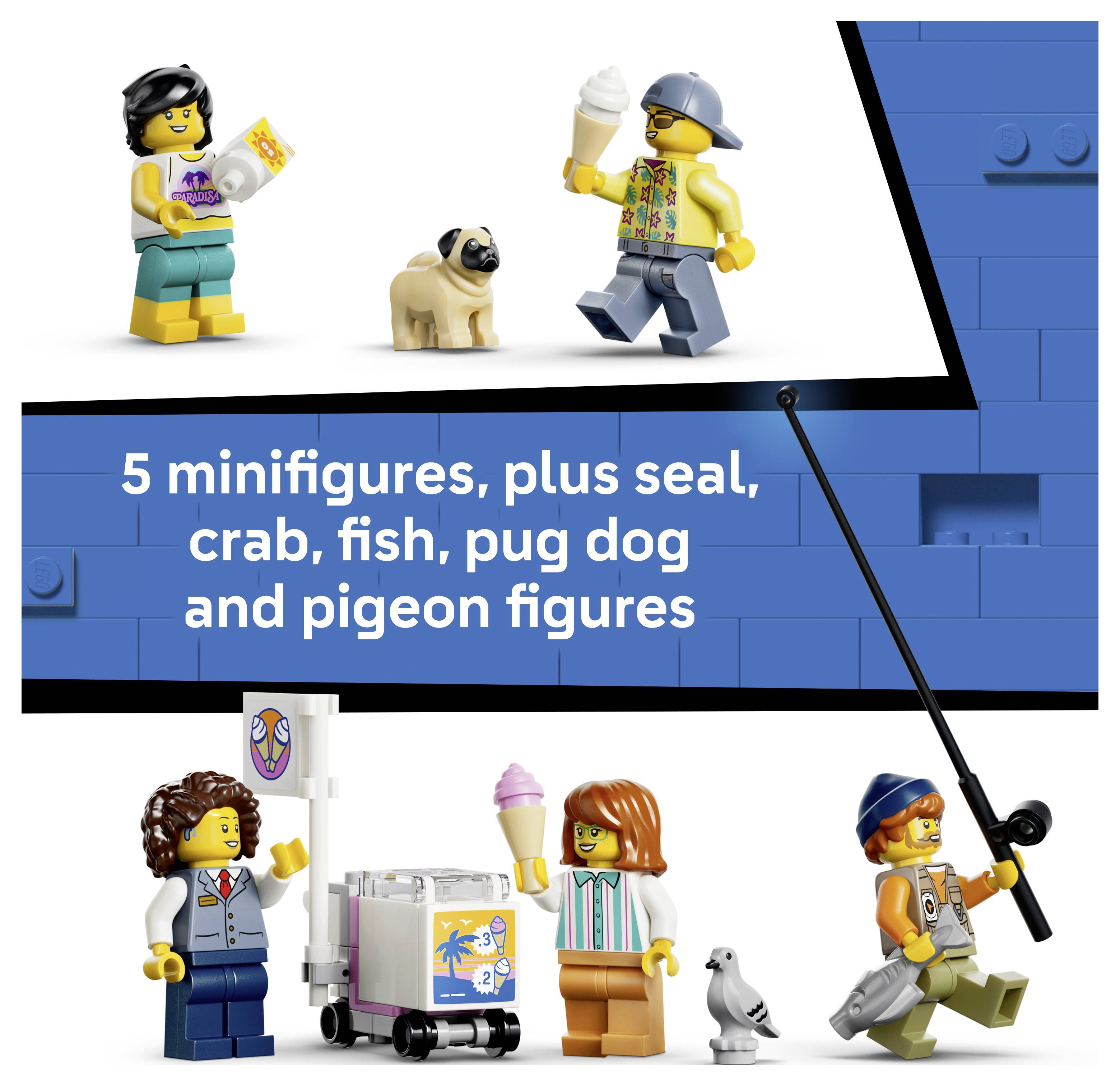LEGO-Anzeige mit fünf Minifiguren mit Seehund-, Krebs-, Fisch-, Mopshund- und Taubenfiguren rund um ein blaues Anzeigetafel mit dem Text „5 Minifiguren plus Seehund-, Krebs-, Fisch-, Mopshund- und Taubenfiguren