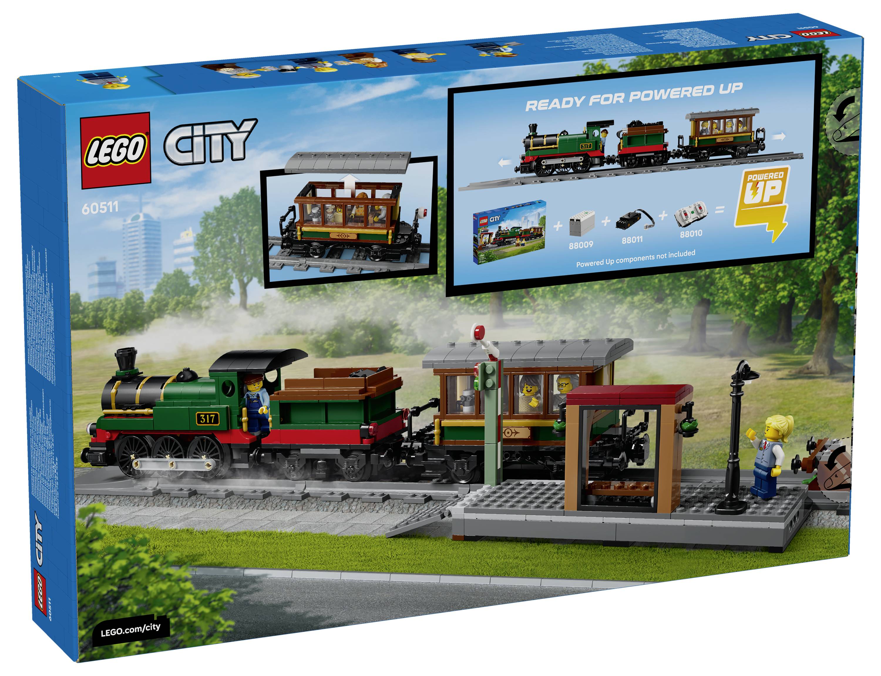 LEGO City Zugset-Kasten mit einer grünen Dampflokomotive, einem Personenwagen und einer Bahnhofsplattform, wobei die Kompatibilität mit der Powered Up-App hervorgehoben ist.