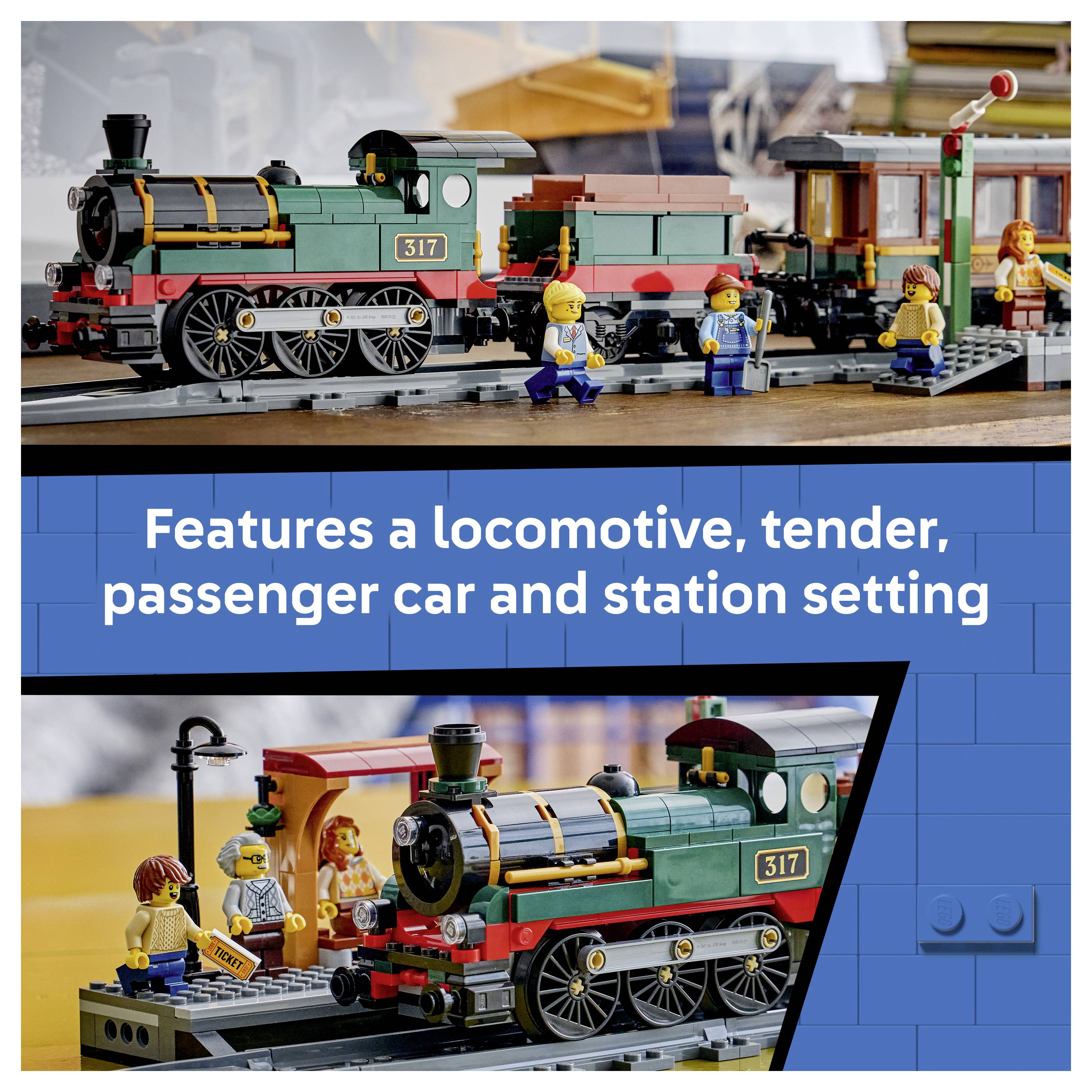 LEGO-Eisenbahnset mit Lokomotive 317, Tender, Personenwagen und Bahnhofsszene; die Bildunterschrift lautet „Enthält eine Lokomotive, einen Tender, einen Personenwagen und eine Bahnhofskulisse
