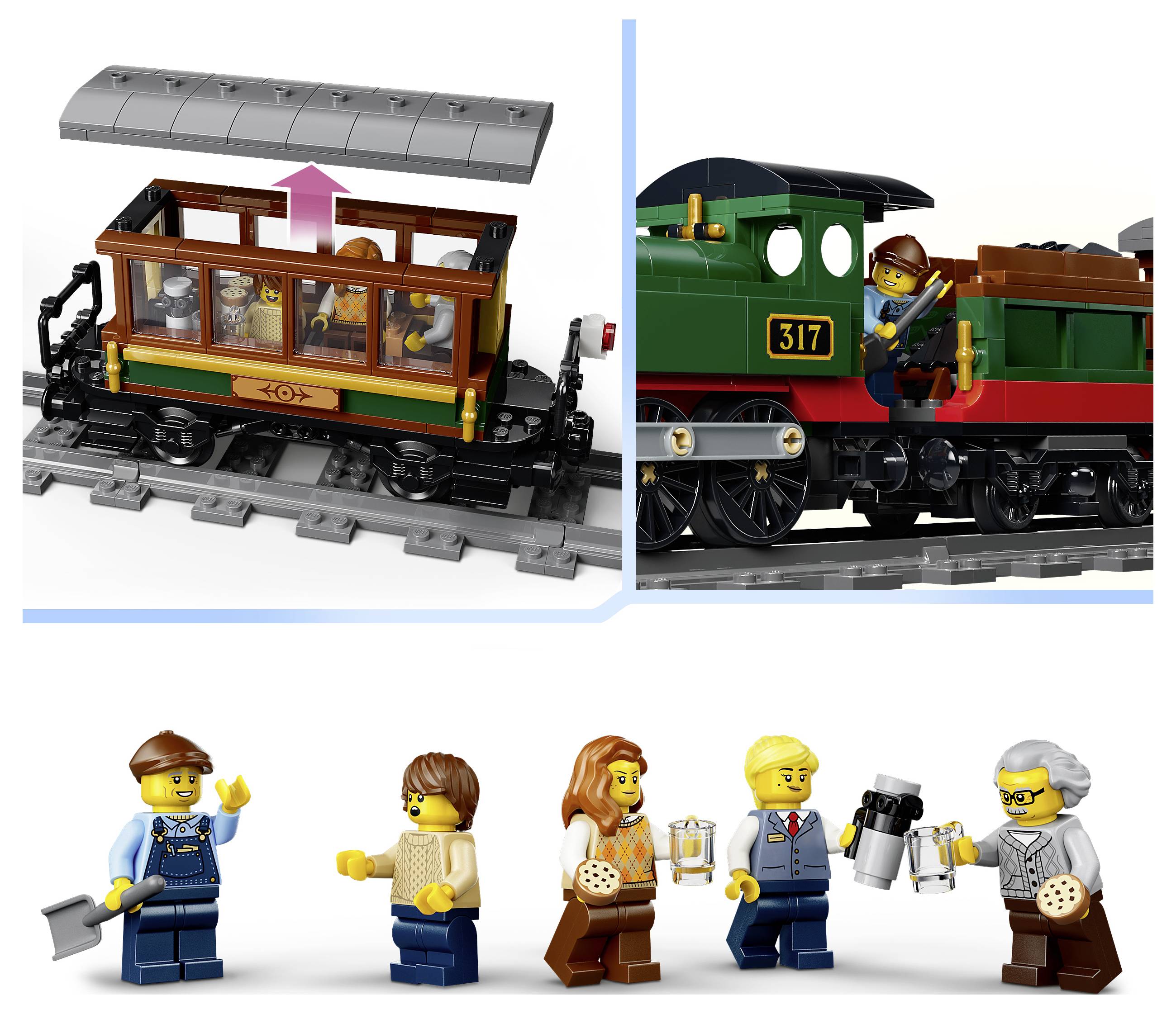 LEGO-Zugset-Bild, das ein Fahrgastwagen-Dach zeigt, das abgehoben wird, und eine grüne Dampflokomotive mit der Nummer 317 mit Minifiguren, plus fünf Minifigur-Charaktere darunter.