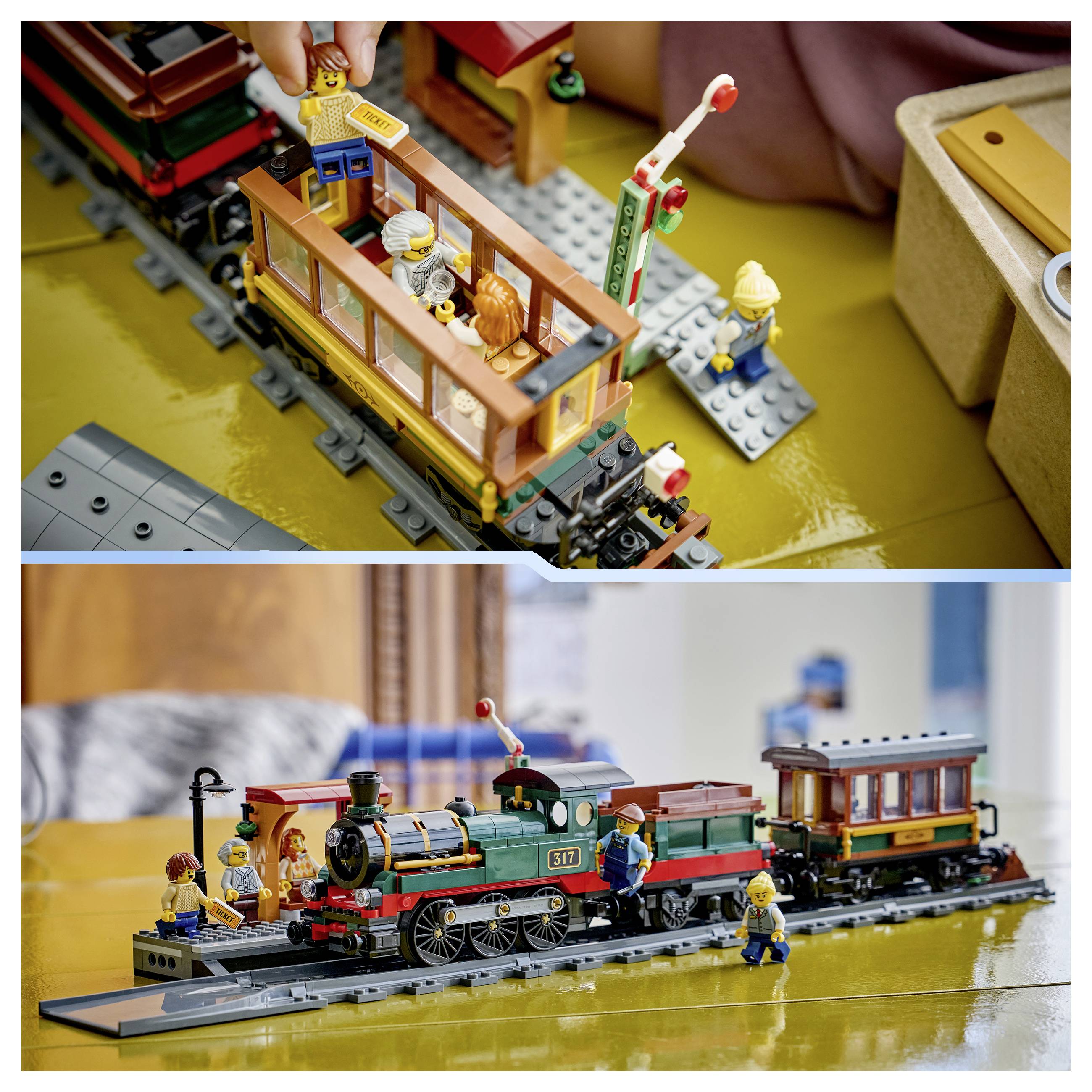 Zwei Fotos zeigen ein LEGO-Modellzug, das zusammengebaut und auf einem Gleis ausgestellt wird, mit miniaturisierten Passagieren, einer Lokomotive und Eisenbahnarbeitern rundherum.