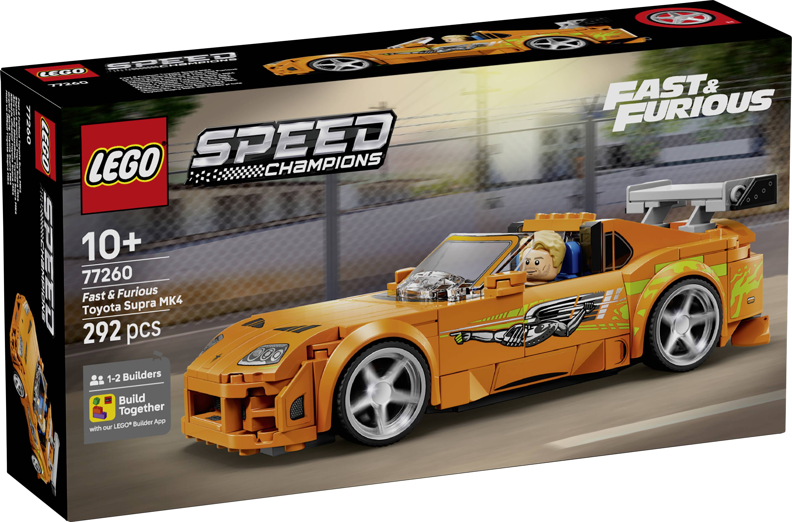 LEGO Speed Champions Fast & Furious Toyota Supra MK4 Setbox, 10+, 292 Teile, zeigt einen orangefarbenen Rennwagen mit Fahrer-Minifigur.