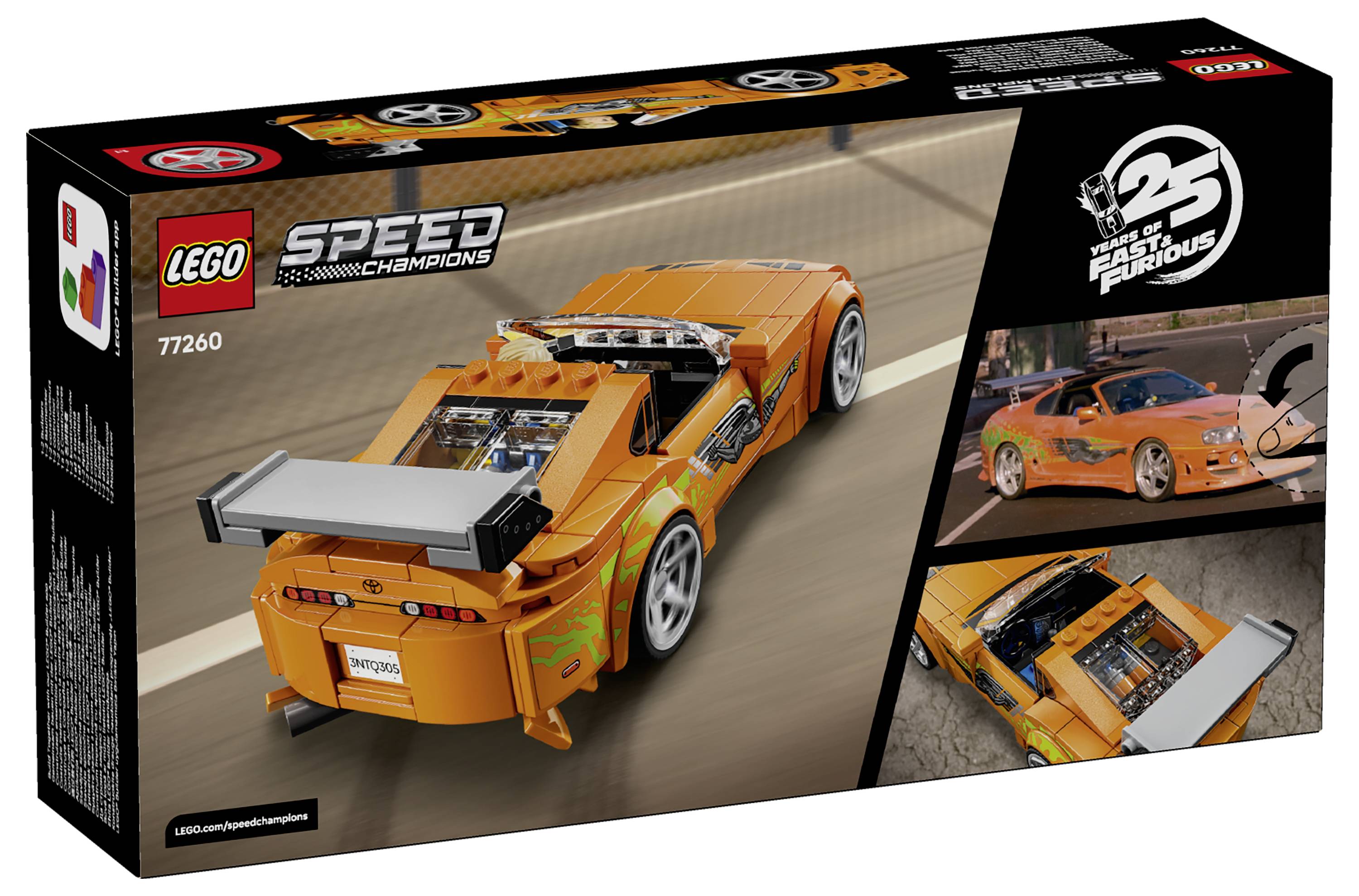 LEGO Speed Champions '2 Fast 2 Furious' Set 77260 Schachtel zeigt ein orangefarbenes Sportwagenmodell mit großem Heckflügel und Renndekorationen.