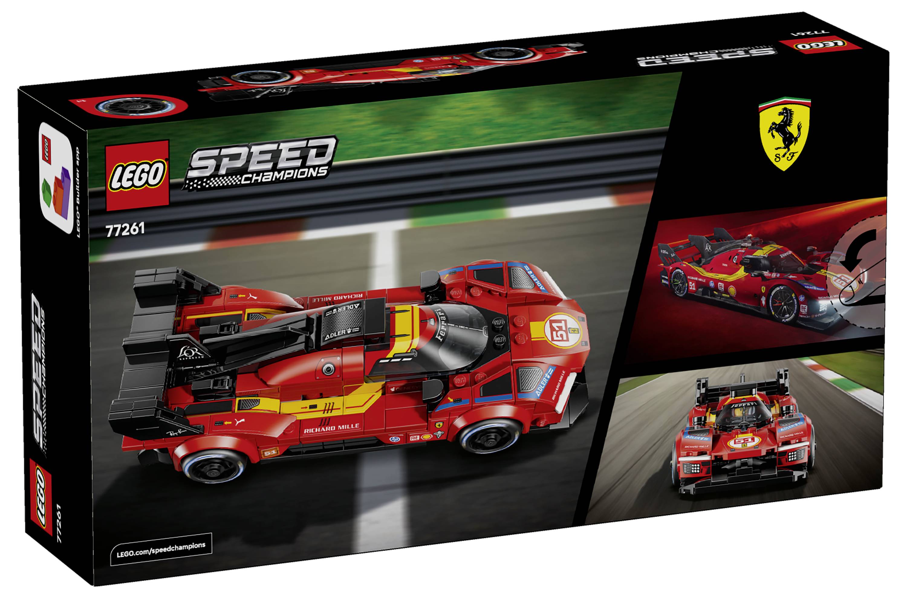 LEGO Speed Champions Ferrari-Rennwagen-Set-Box mit einem roten Ferrari im Formel-1-Stil, kleineren Aktionsbildern auf der rechten Seite und Ferrari-Logo.
