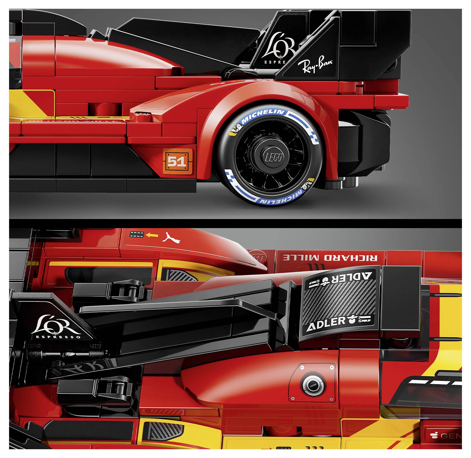 Zwei Ansichten eines roten LEGO Formel-1-Rennwagen-Modells mit schwarzen aerodynamischen Flügeln und Sponsor-Aufklebern, von der Seite und von oben gezeigt
