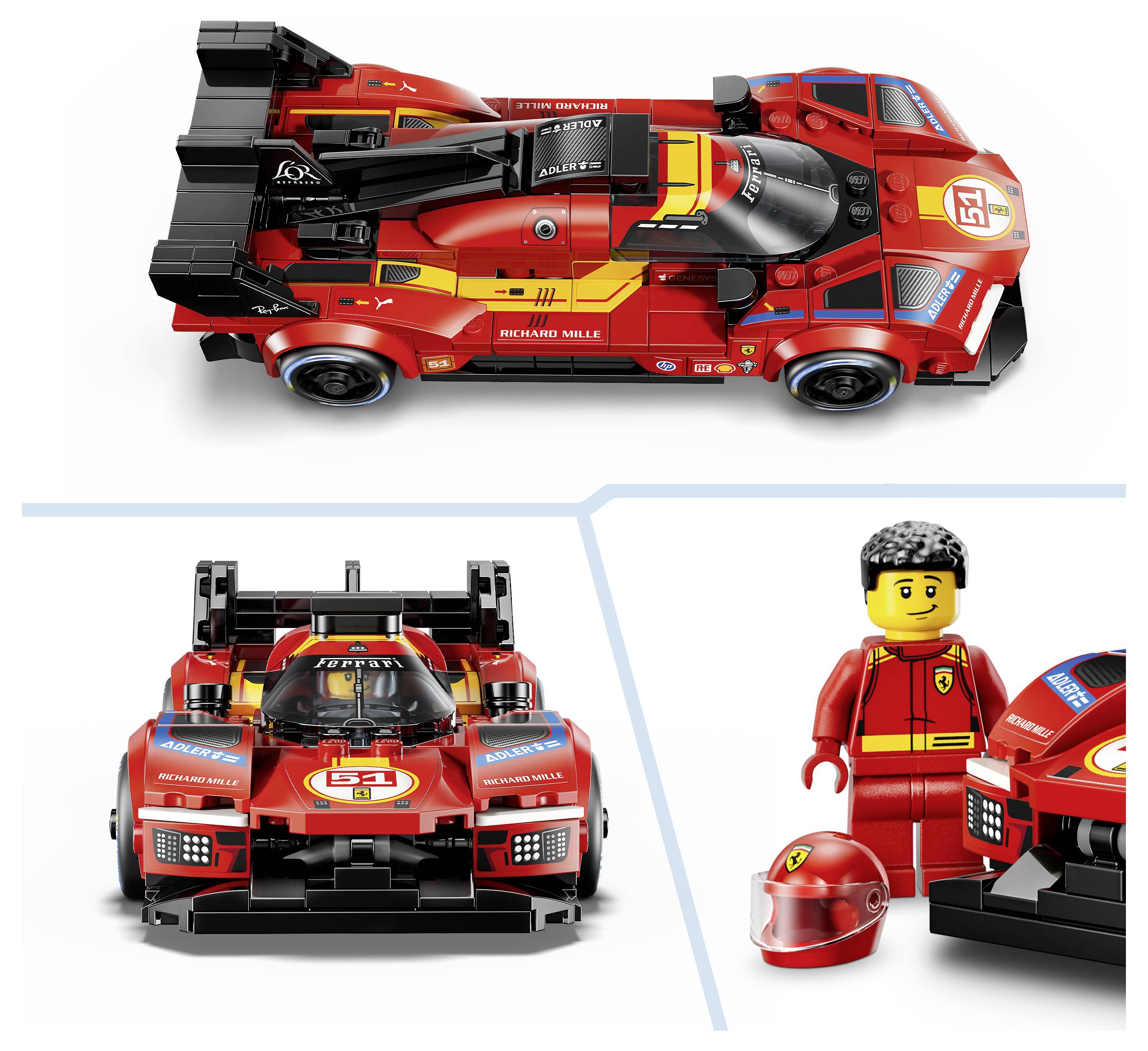 LEGO Ferrari Rennwagen von oben und von vorne gezeigt, plus Minifigur und Helm; rotes und schwarzes Rennset auf weißem Hintergrund.