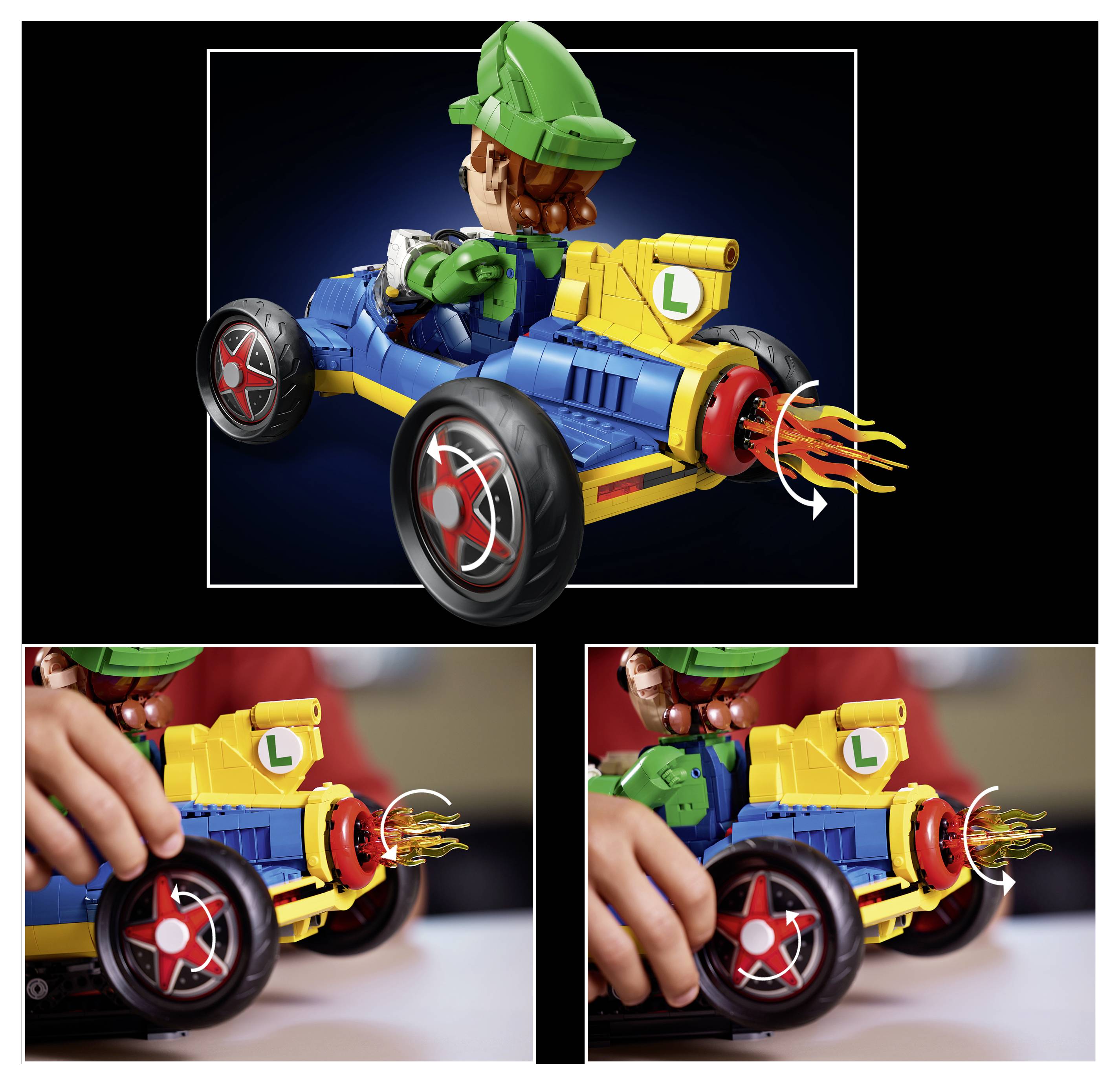 LEGO-artiges Ferkelchen mit einer Blume auf dem Kopf, sitzt vor einem blauen Hintergrund mit leuchtenden Lichtstreifen.
