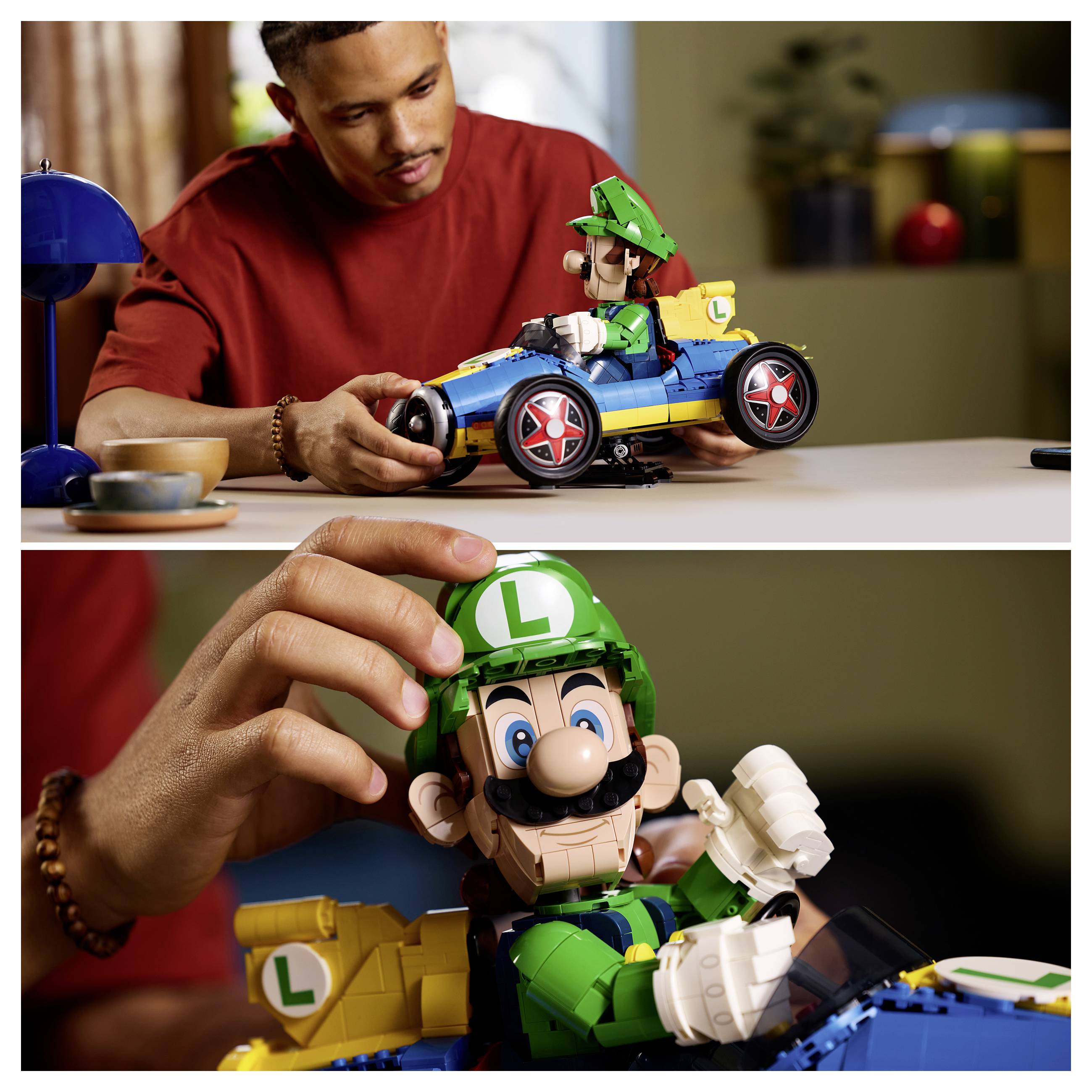 Person montiert ein LEGO Luigi Spielzeugauto zusammen, mit einer Nahaufnahme der Luigi-Figur, die von Hand angepasst wird.