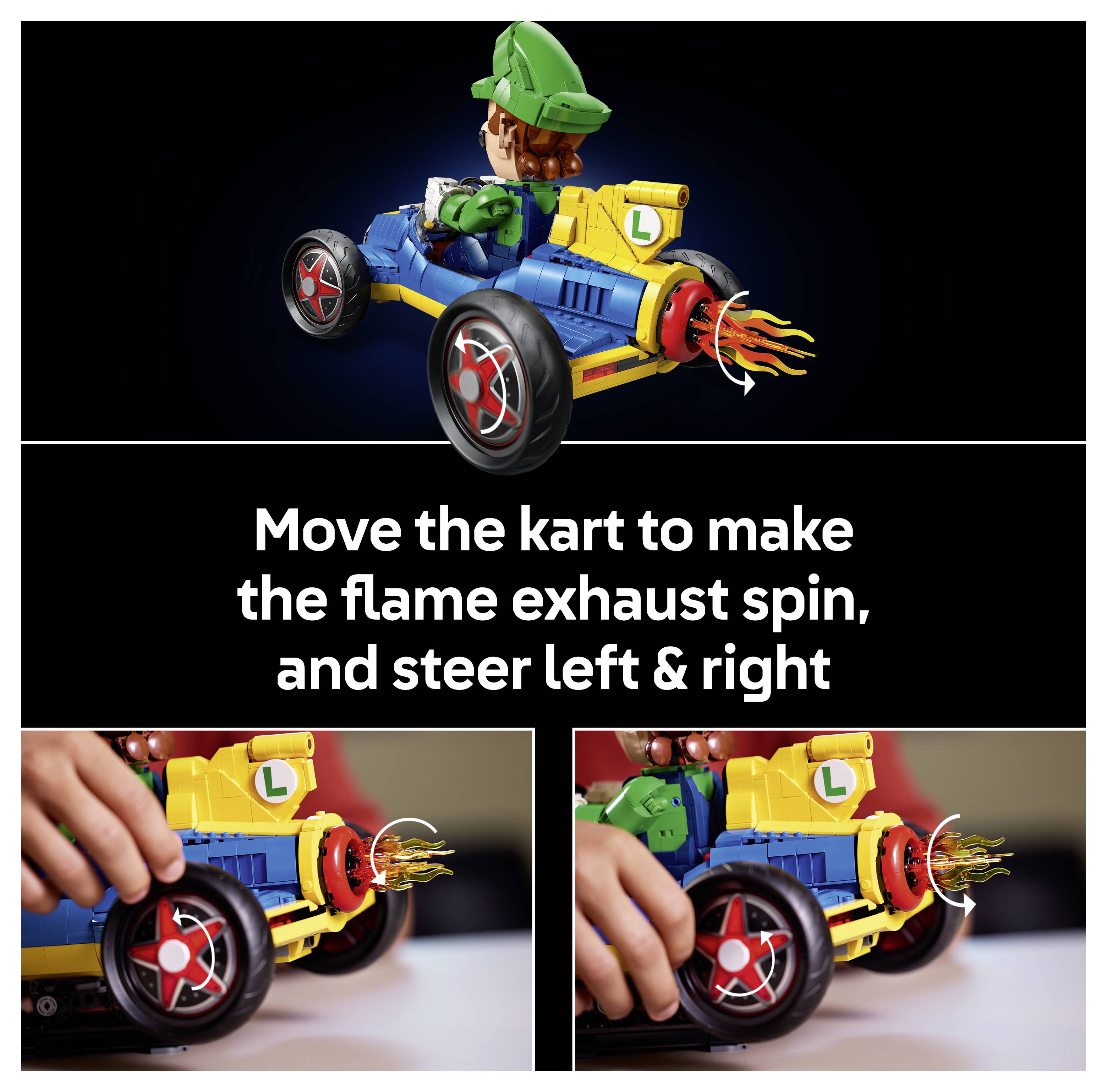 Anleitung Grafik für ein Luigi-Kart-Spielzeug: Bewegen Sie das Kart, um die Flammen am Auspuff zu drehen, und lenken Sie nach links und rechts.