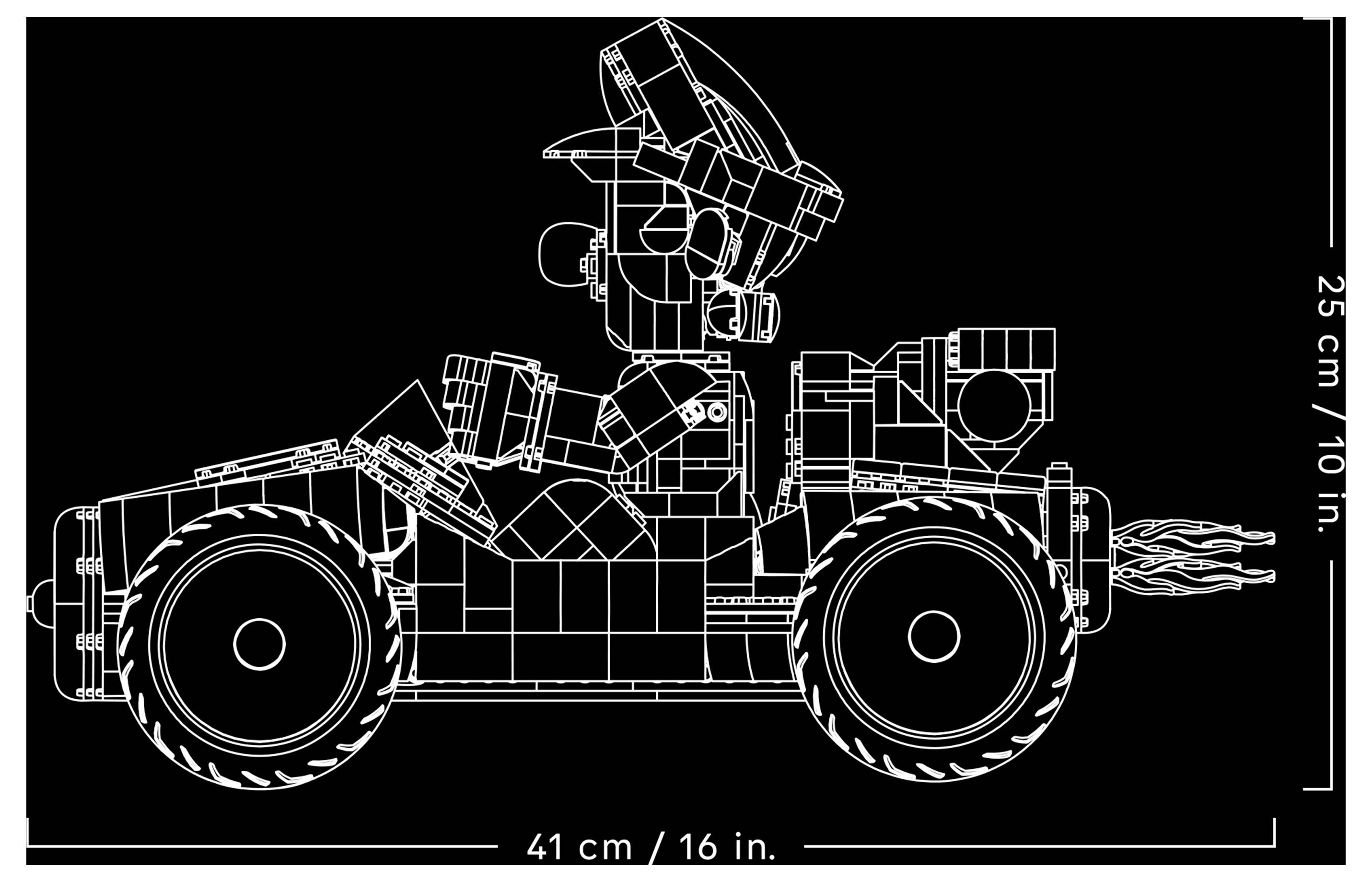 Weiße technische Strichzeichnung eines kettengetriebenen Panzerfahrzeugs auf schwarzem Hintergrund, Seitenansicht mit beschrifteten Abmessungen 41 cm / 16 Zoll Länge und 25 cm / 10 Zoll Höhe.