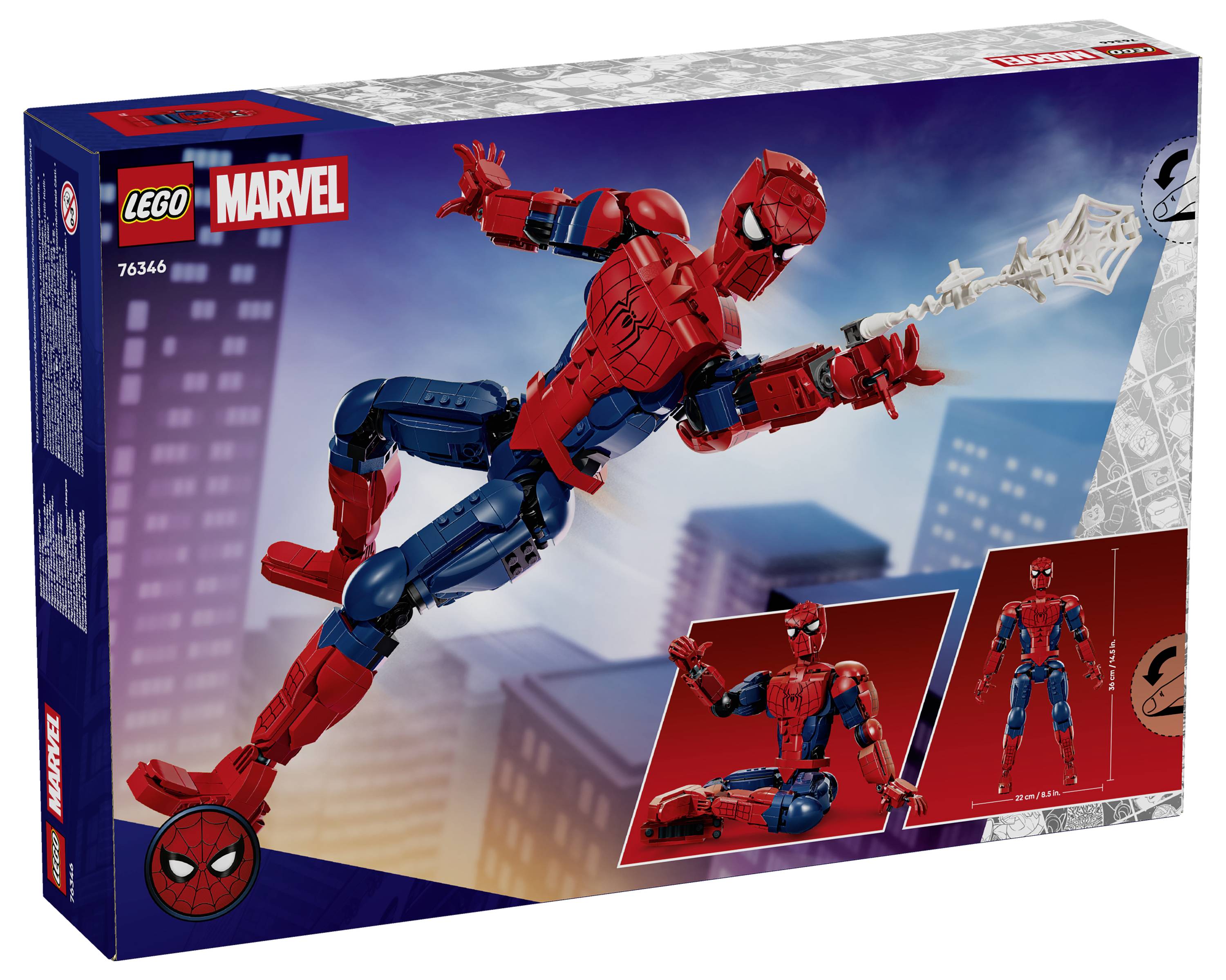 LEGO Marvel Spider-Man Bauset-Karton mit Spider-Man, der durch die Stadt schwingt, mit der Satznummer 76346 und Minifigurbildern.