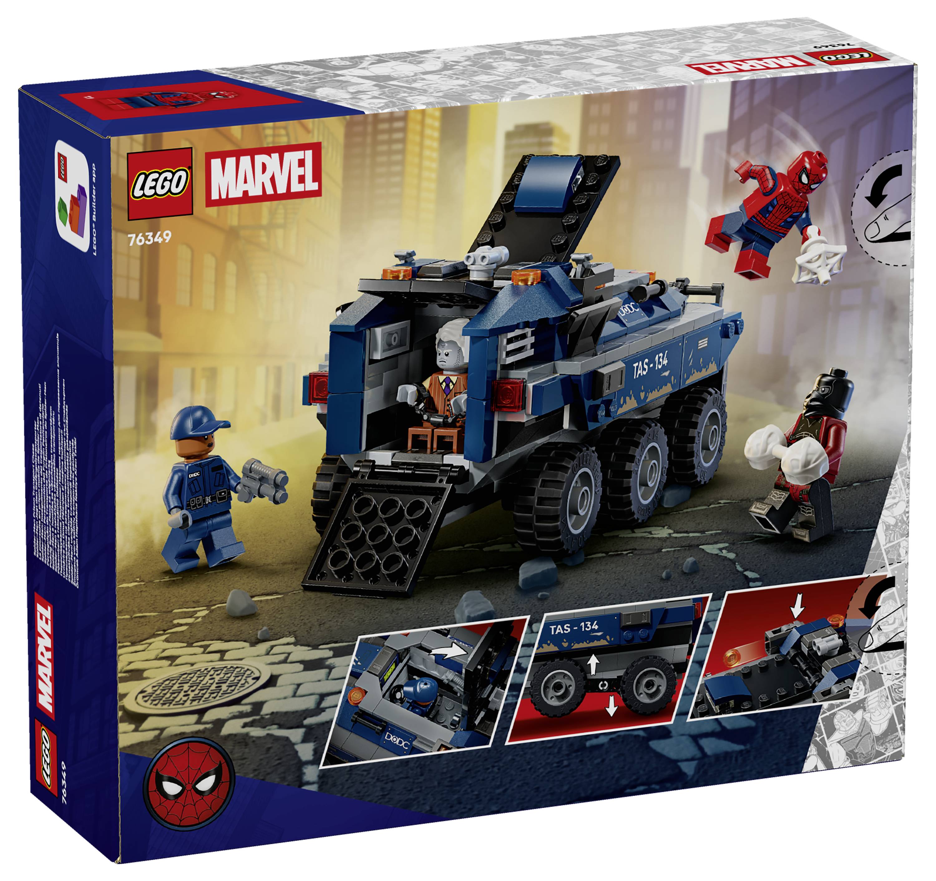 LEGO Marvel Schachtelkunstwerk, das einen gepanzerten blauen T.A.S.-Lastwagen mit Minifiguren zeigt, einschließlich Spider-Man beim Angriff und einem Fahrer im Inneren.