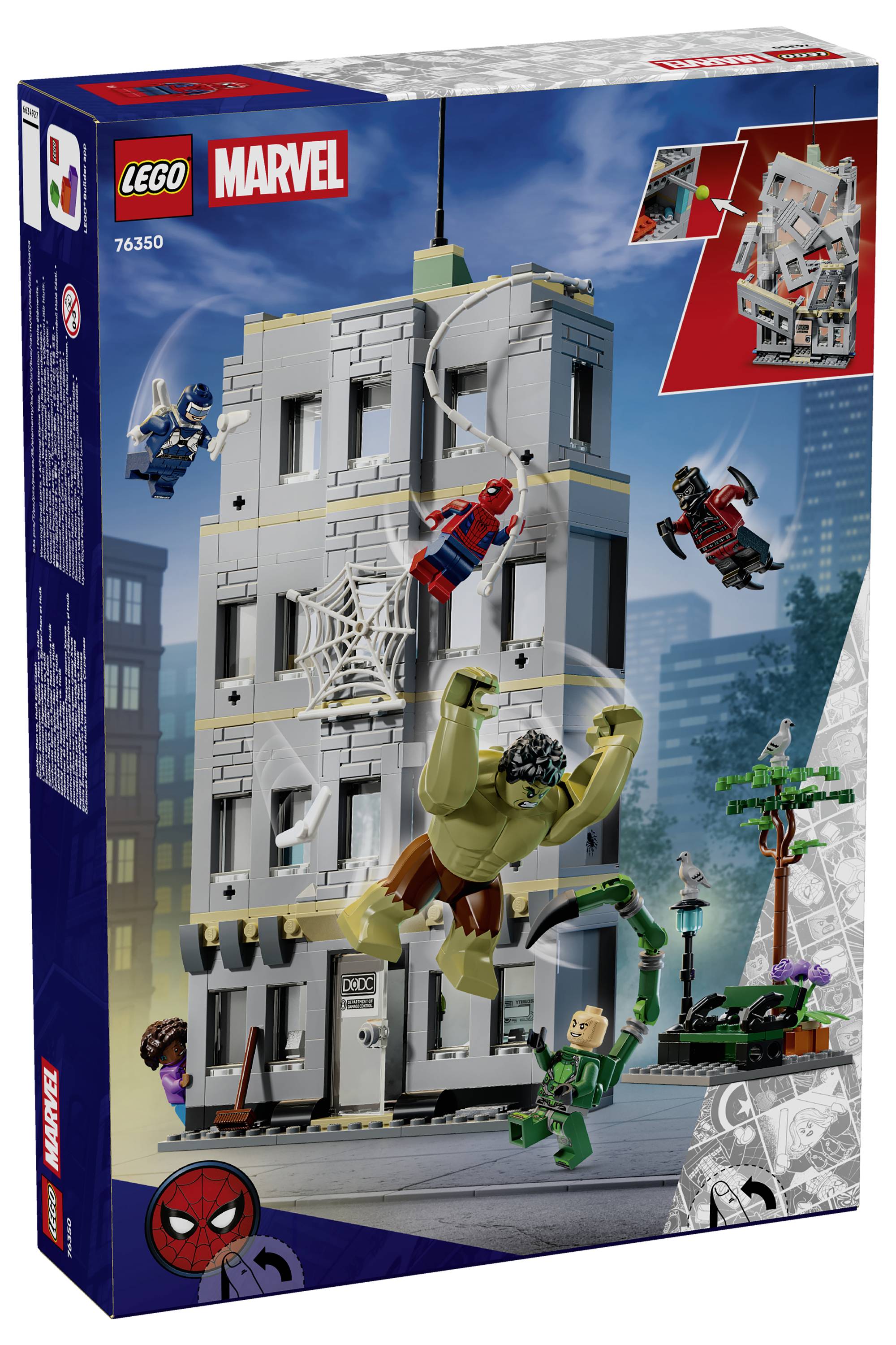 LEGO Marvel Spider-Man Set-Schachtel, die den Hulk zeigt, wie er ein Gebäude zerstört, während Spider-Man, Iron Spider, Green Goblin und andere um ihn herum kämpfen.
