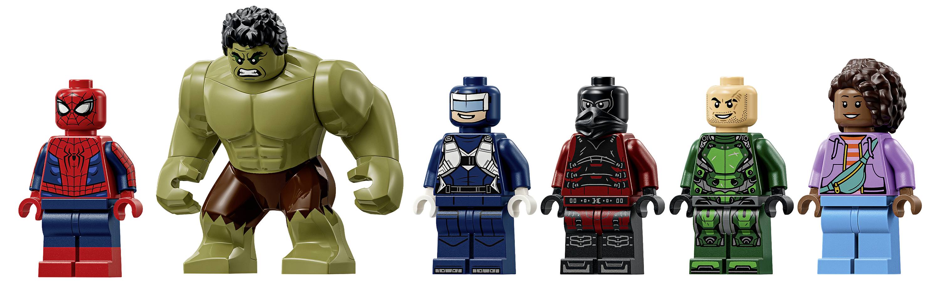 Sechs LEGO-ähnliche Minifiguren und eine Hulk-Figur in einer Reihe: Spider-Man, Hulk, Captain America, Black Panther, Green Goblin und eine Frau mit lockigem Haar.