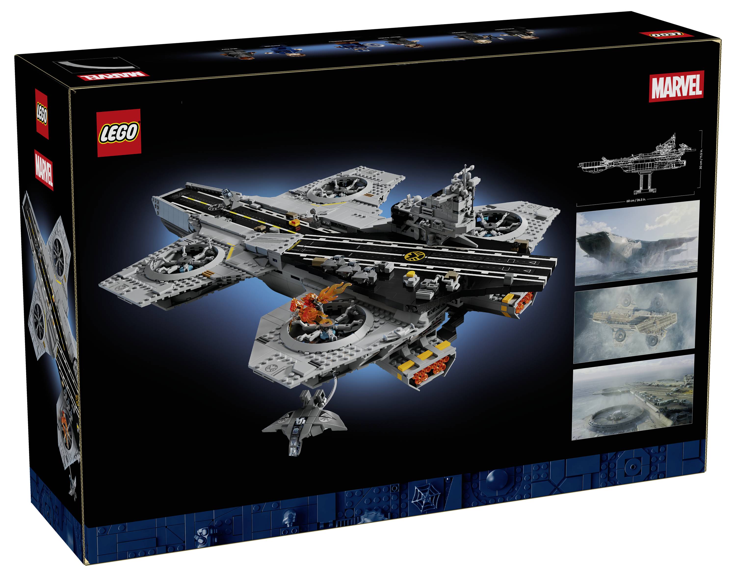 LEGO Marvel Schachtel mit einem großen grauen Flugzeugträger/Spielset mit Flugzeugen und einem kleinen Flugzeug auf einer schwarzen Verpackung.