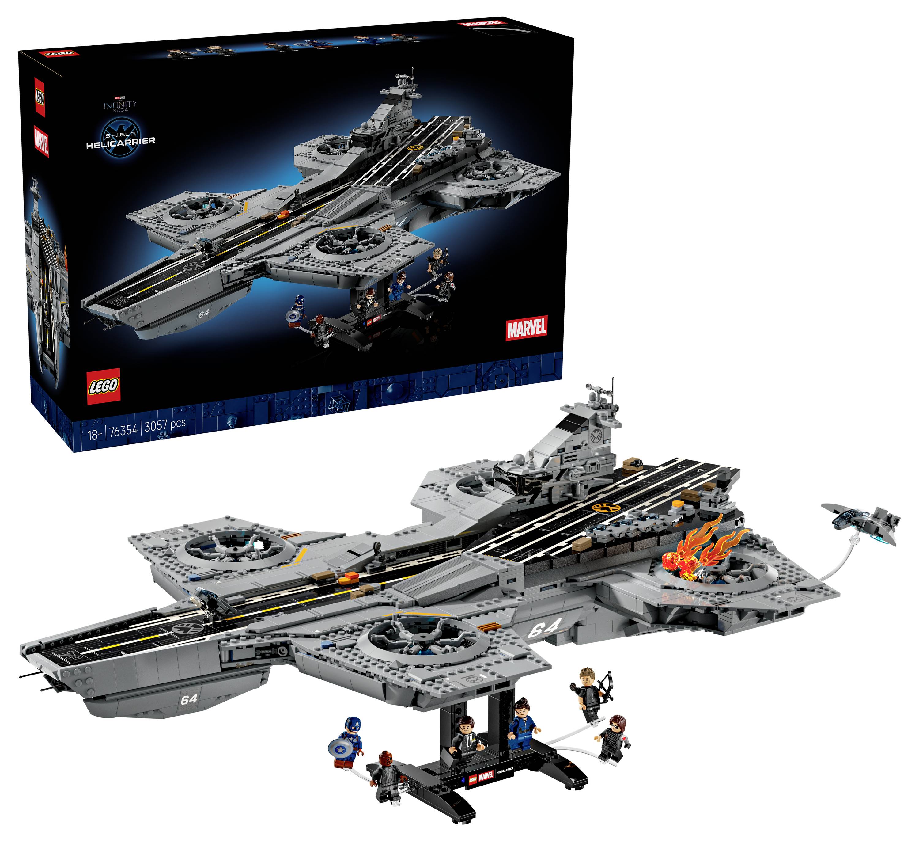 LEGO Marvel SHIELD Helicarrier-Set-Karton und fertiges Modell mit einem großen grauen Flugzeugträger, Minifiguren und einem kleinen Kampfjet.