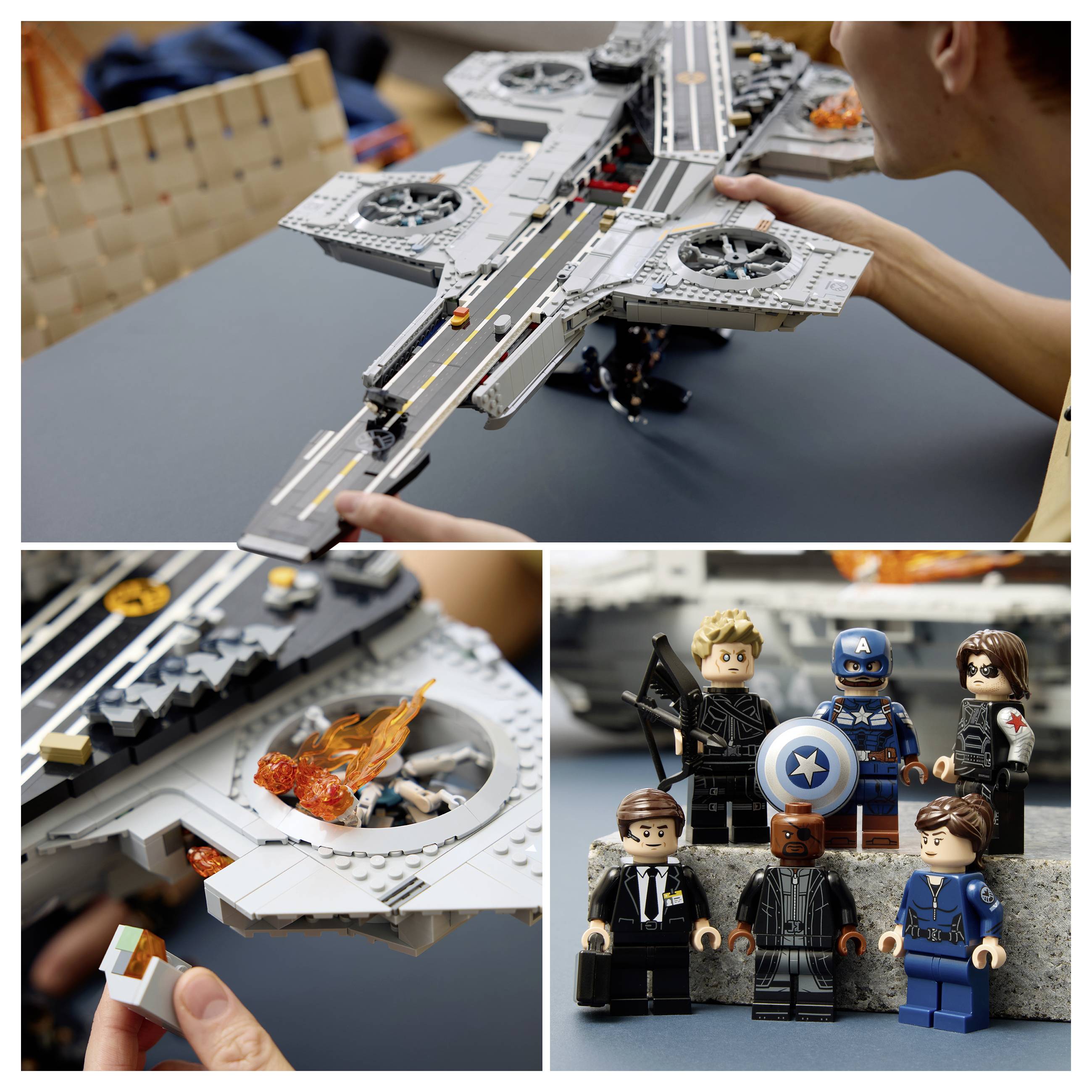 Collage von LEGO-Konstruktionen: Eine Person, die ein Raumschiff zusammenbaut, eine Nahaufnahme eines brennenden Motordetails und eine Gruppe von Superhelden-Minifiguren, die zusammen posieren.