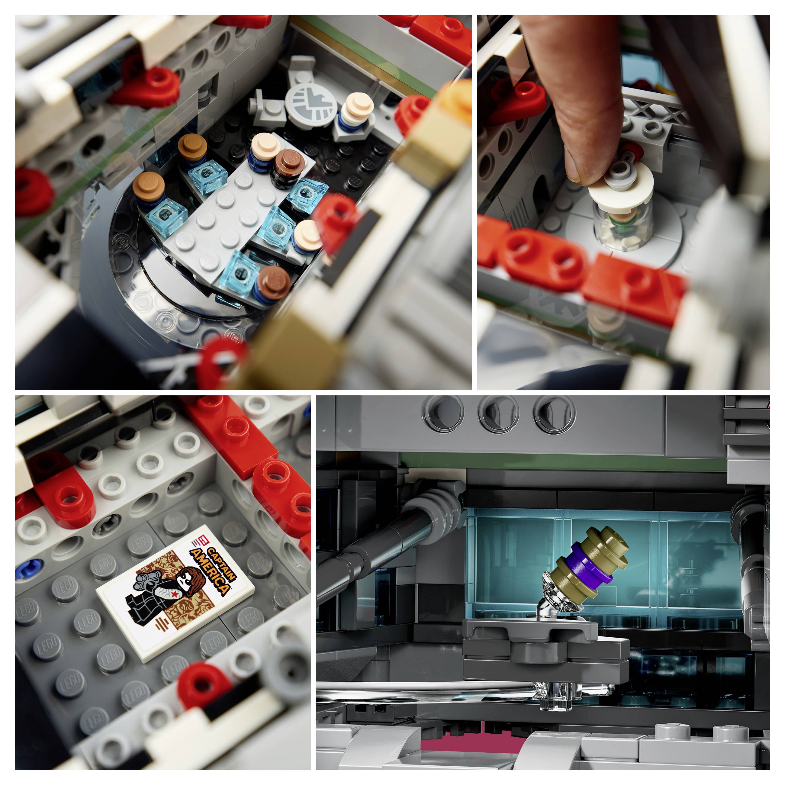 Collage eines LEGO Star Wars Modells: Eine Hand drückt eine Minifigur in das Innere eines grau-roten Raumschiff-Interieurs, mit einem kleinen „Mandalorian