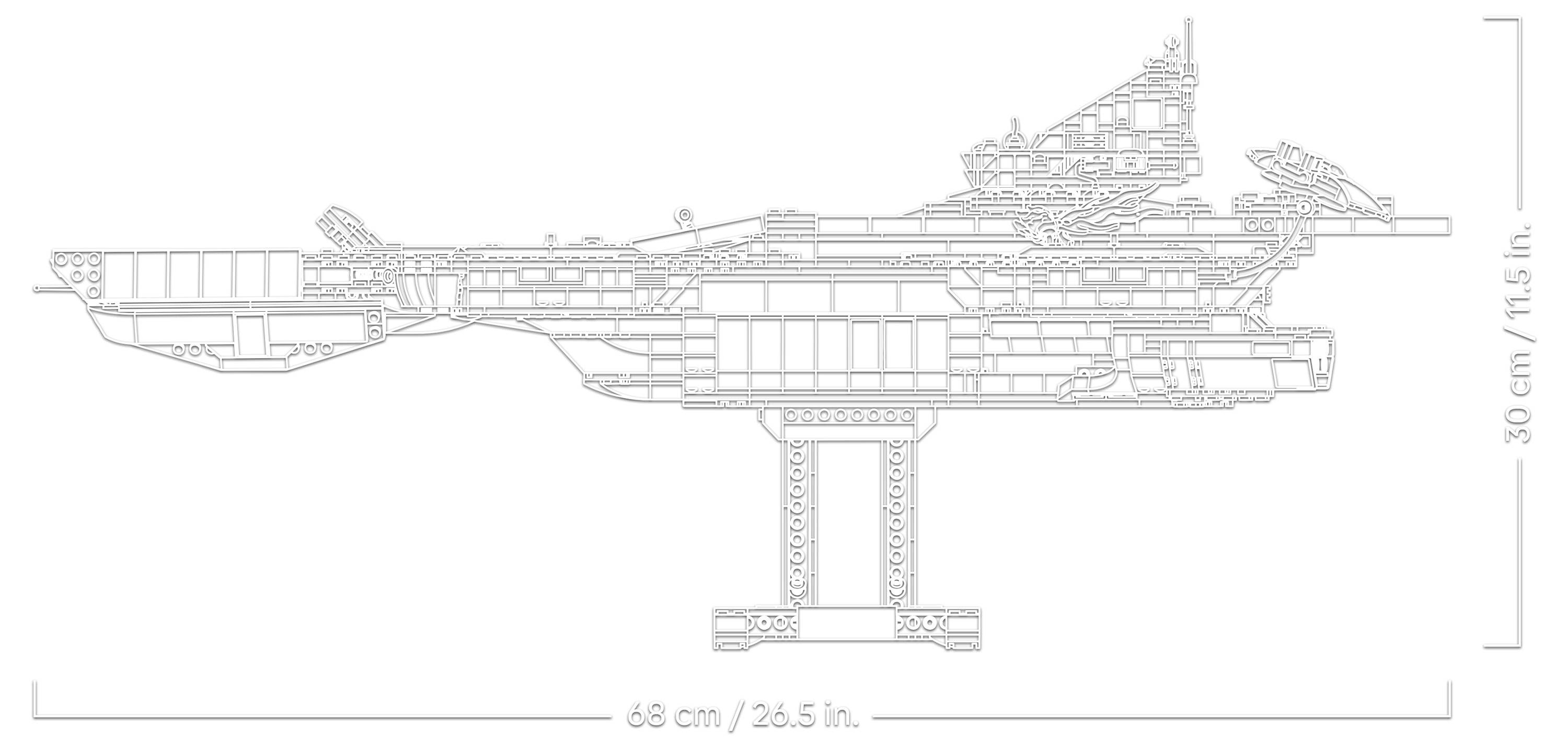 Technisches Diagramm eines großen Flugzeugträgermodells, dargestellt in Seitenansicht mit gekennzeichneten Abmessungen von 68 cm (26,5 Zoll) Länge und 30 cm (11,5 Zoll) Höhe.