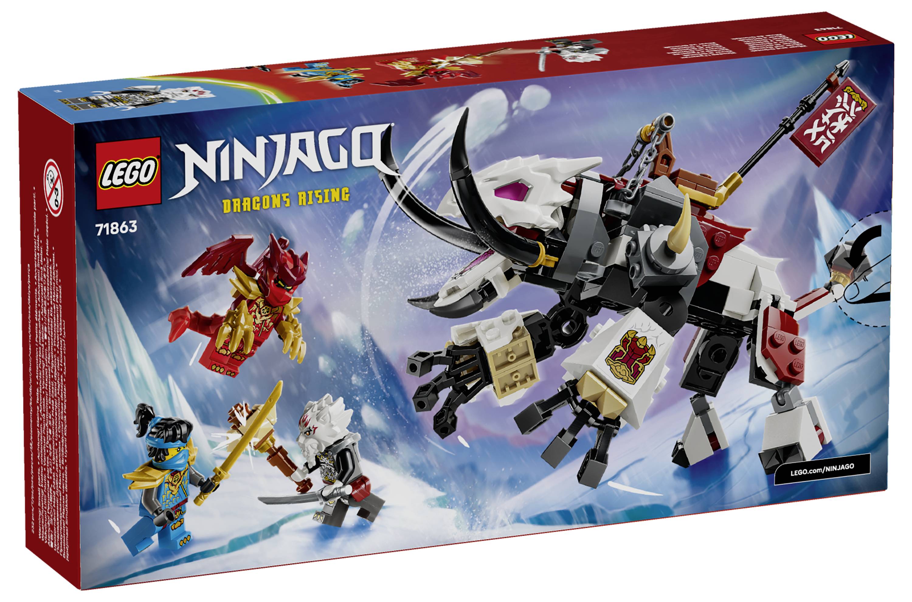 LEGO NINJAGO Dragons Rising Set-Box mit einem riesigen schwarz-weißen Drachen und drei Ninja-Minifiguren in Kampfposition, Set 71863.