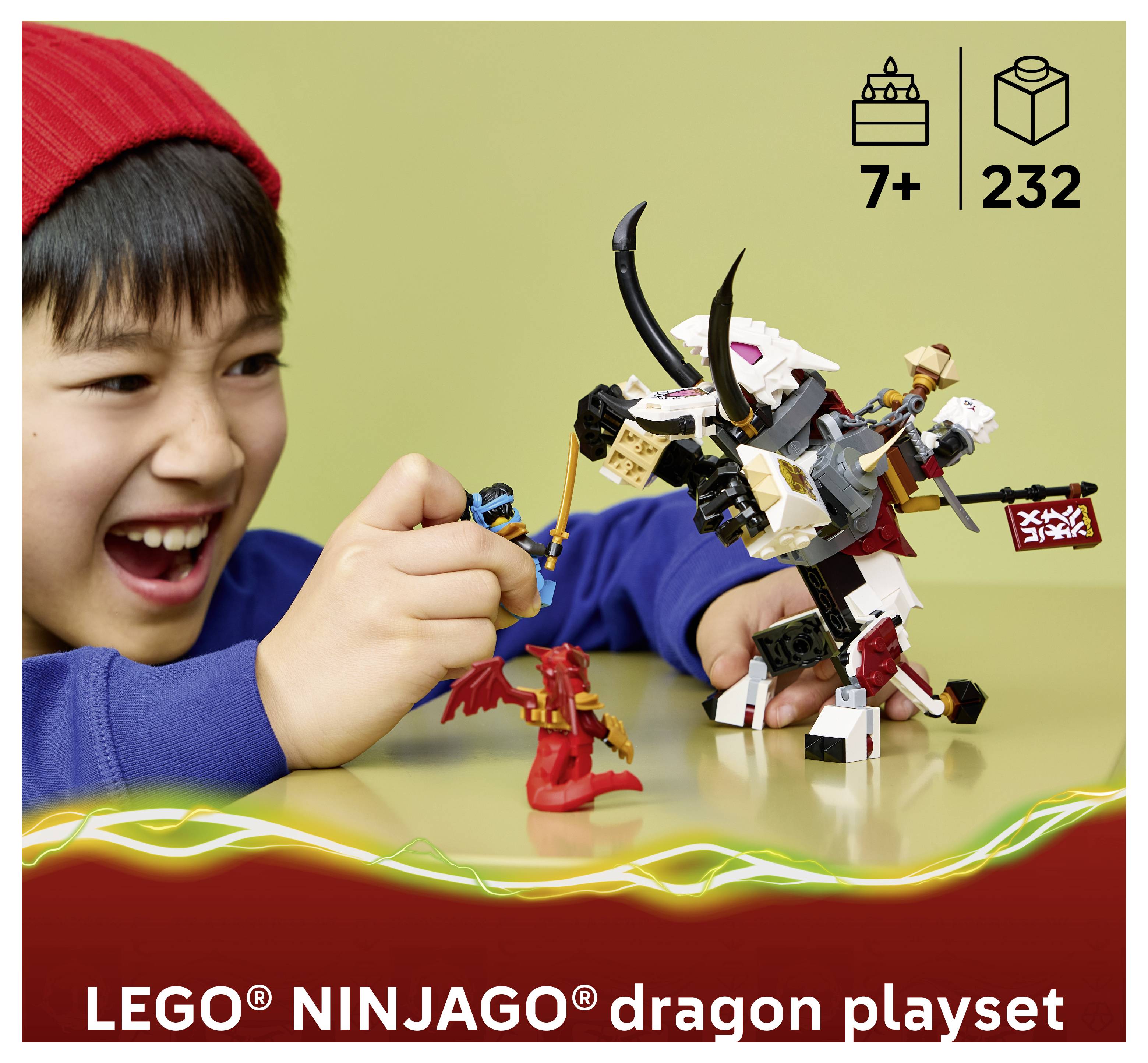 Kind spielt mit LEGO NINJAGO Drachenspielset, mit Altersangabe 7+ und 232 Teile gezeigt.