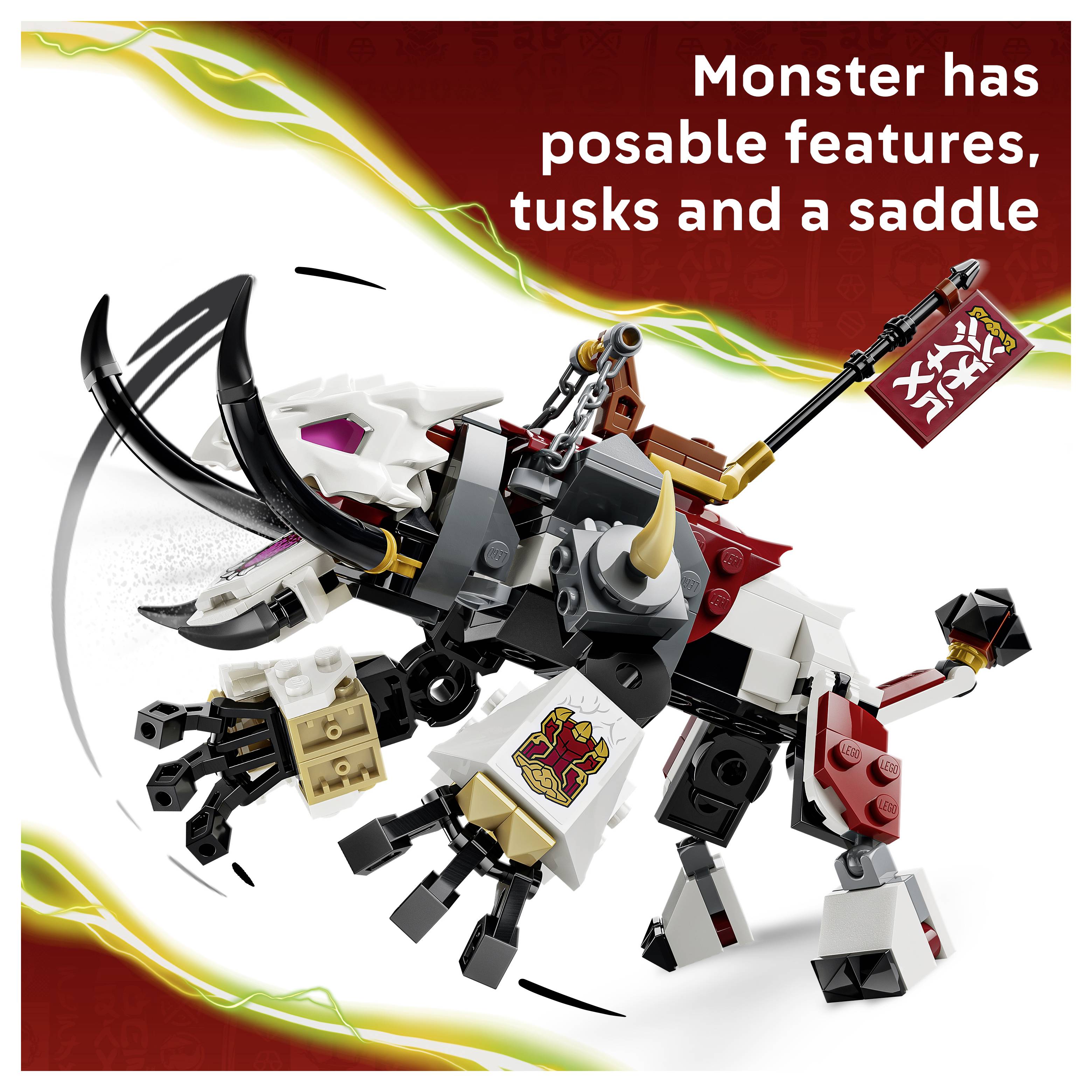 LEGO-ähnliche Monsterfigur mit Stoßzähnen, Sattel und Flagge, in einer dynamischen Pose gezeigt mit dem Text „Monster hat bewegliche Funktionen, Stoßzähne und einen Sattel