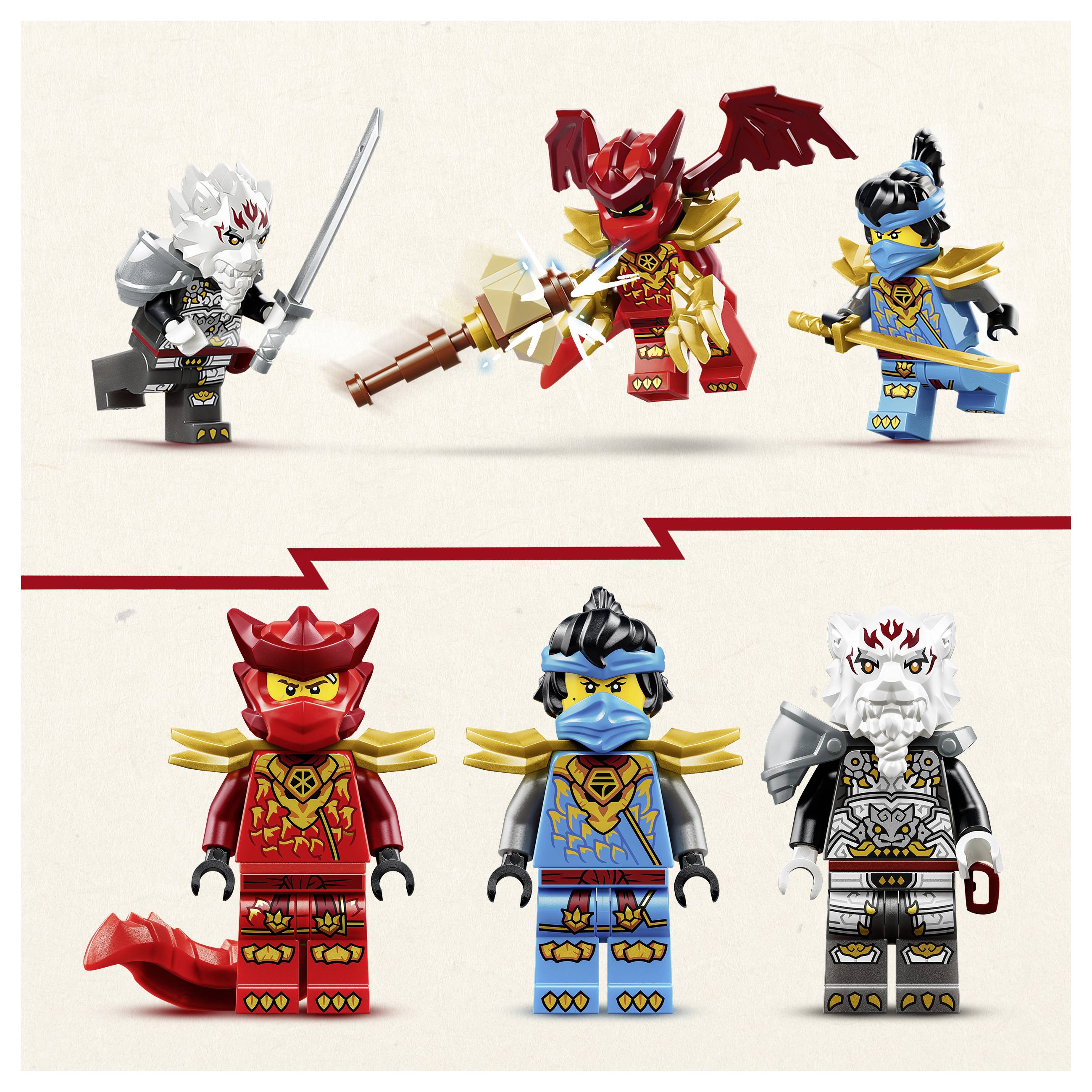 Sechs LEGO-ähnliche Ninja-Minifiguren in Rot, Blau und Silber, darunter eine drachenähnliche rote Figur und ein weißbärtiger Krieger mit einem Schwert, in zwei Reihen angeordnet.