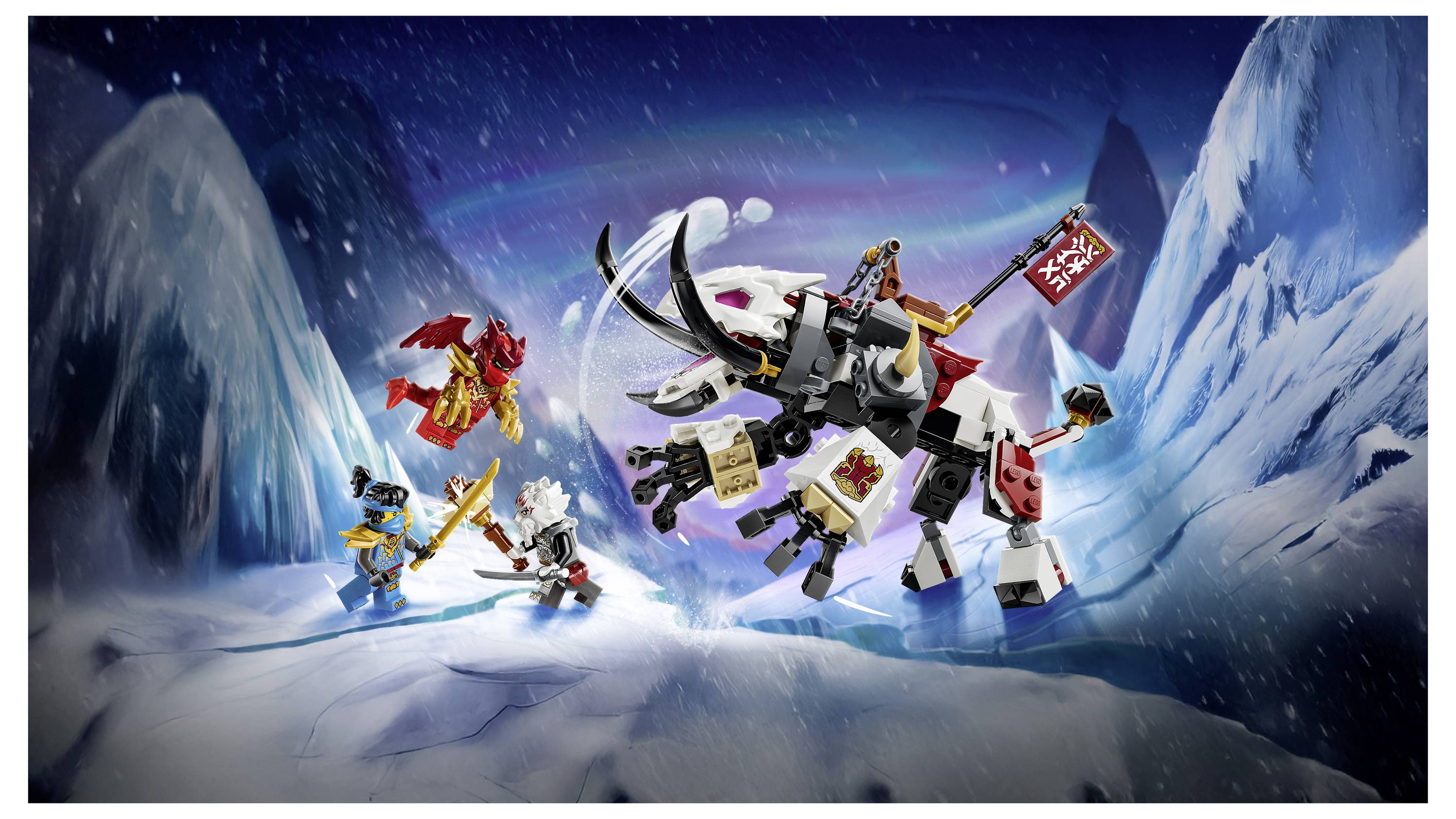 LEGO-artiger Kampf in einer verschneiten Eishöhle mit einem großen weißen Mech und mehreren Minifiguren, die auf einem gefrorenen Pfad unter wirbelnden Lichtern kämpfen.